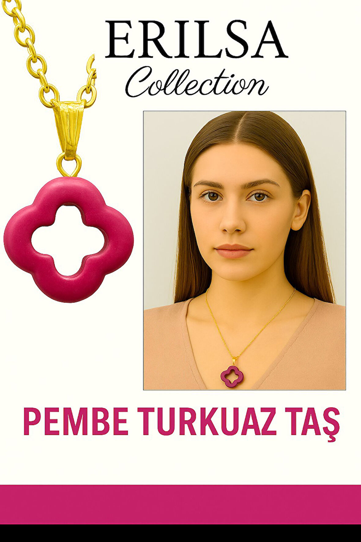 Sertifikalı Gold Yonca Model Pembe Turkuaz Taşı Kolye Duygusal Denge Sağlar