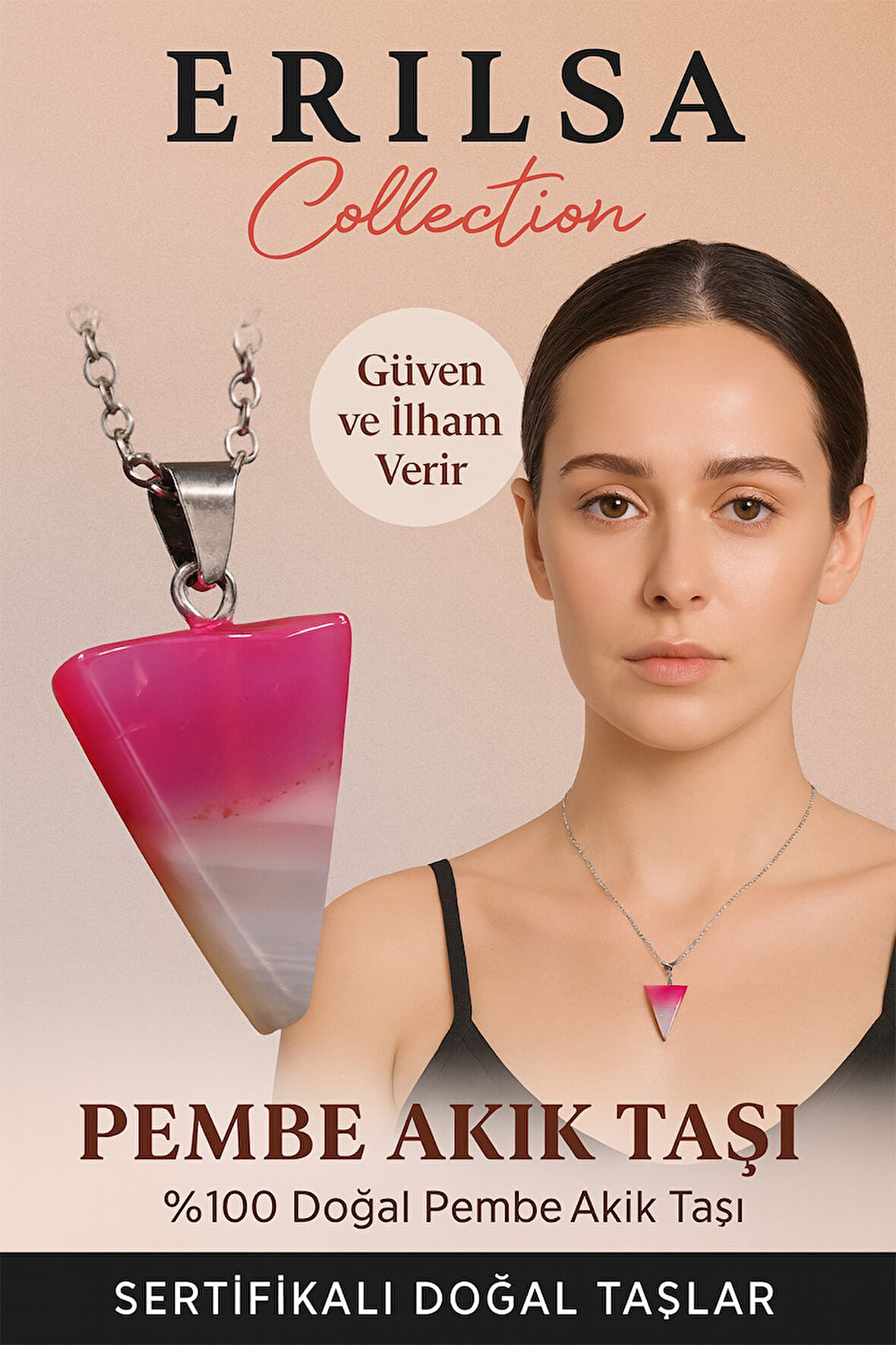 Sertifikalı Piramit Model Pembe Akik Taşı Kolye Güven ve İlham Veren Doğal Taş