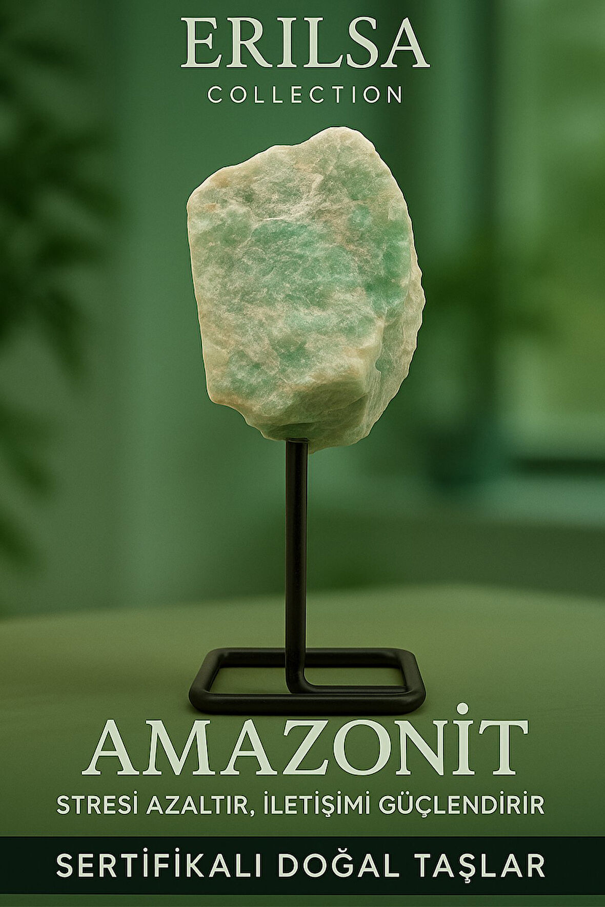 Sertifikalı Doğal Ham Amazonit Taşı Standlı Obje – Duygusal Denge ve İletişim Gücünü Artırır