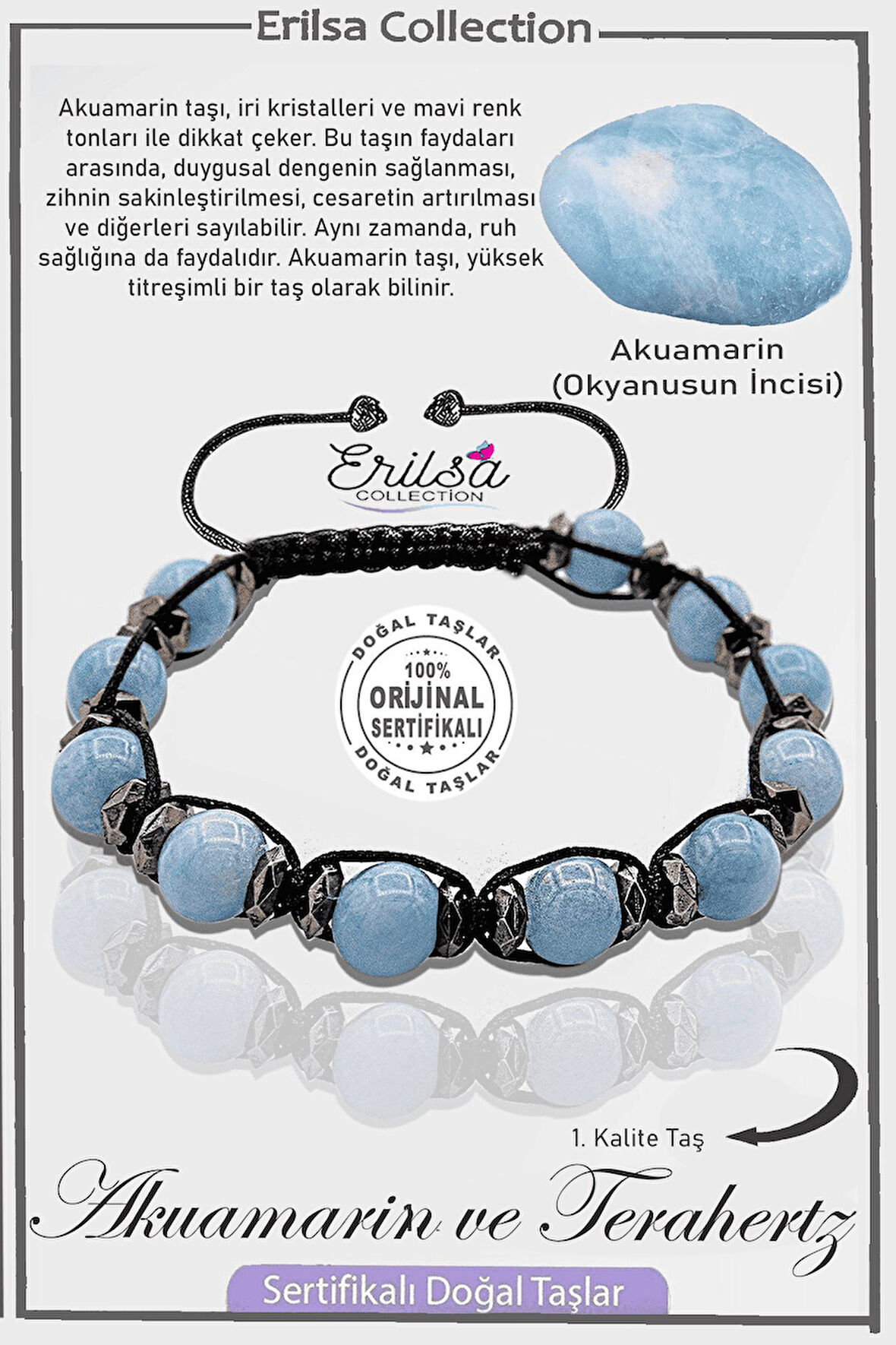 Sertifikalı Gerçek AAA+ Terahertz - Akuamarin Taşı Bileklik