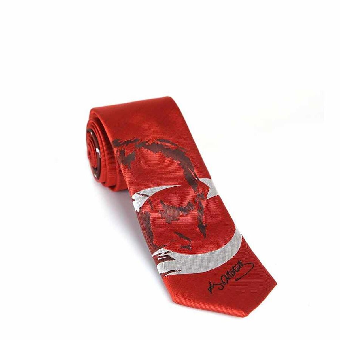 Ay-Yıldız ve Atatürk Desenli Dokuma Kırmızı Kravat - AK-06