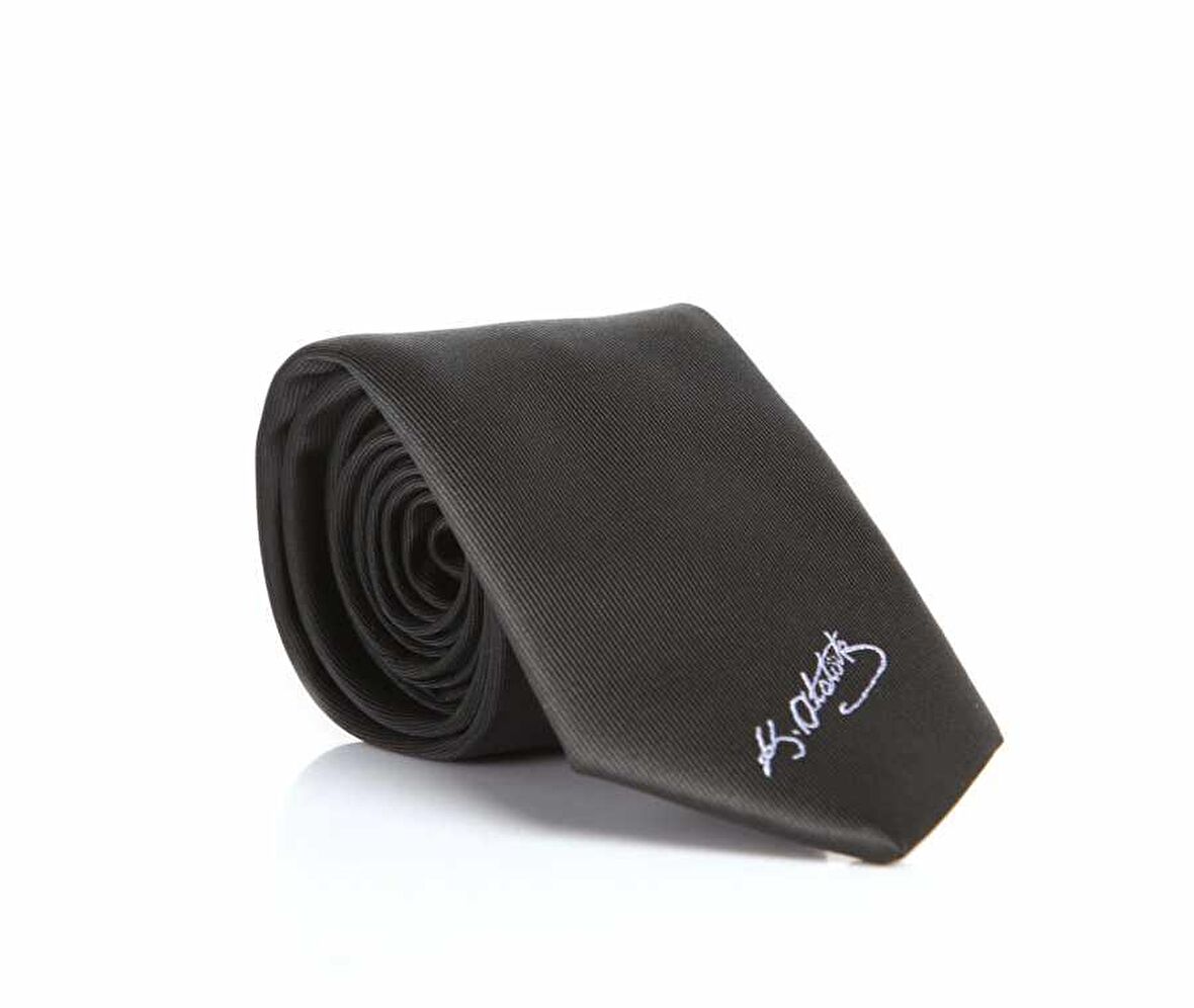 Atatürk İmza Desenli Dokuma Siyah Kravat - AK-18