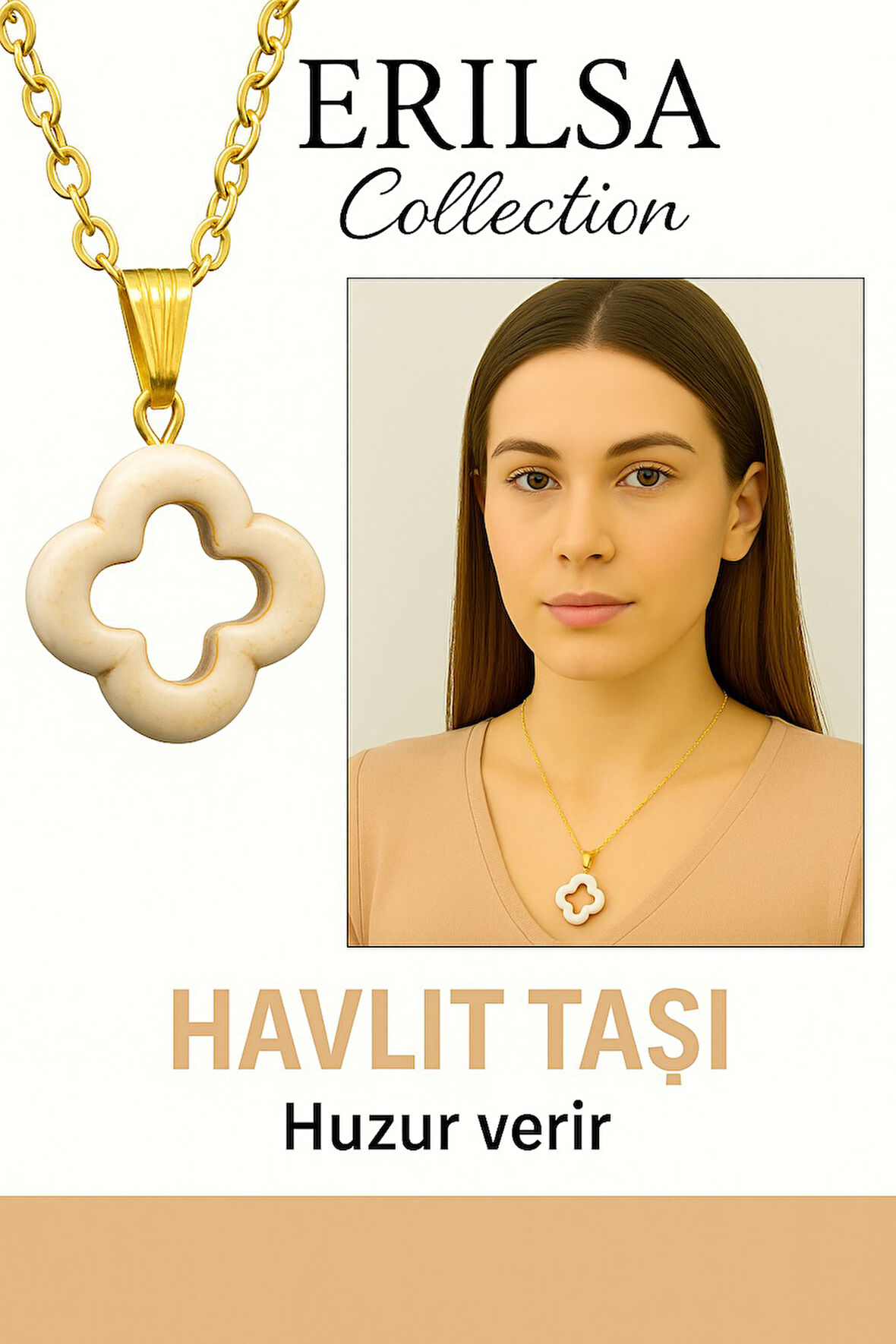 Sertifikalı Gold Yonca Model Havlit Taşı Kolye Stresi Azaltır ve Sakinlik Verir