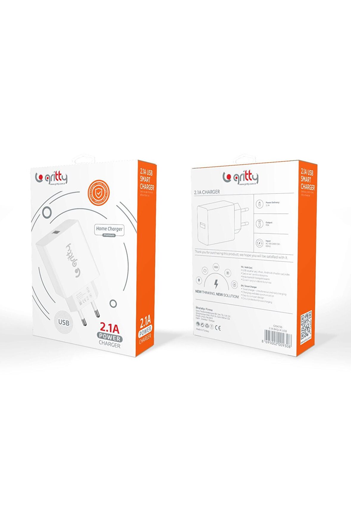 USB çıkışlı GRİTTY Marka, 2.1A Hızlı Şarj Cihazı Adaptörü