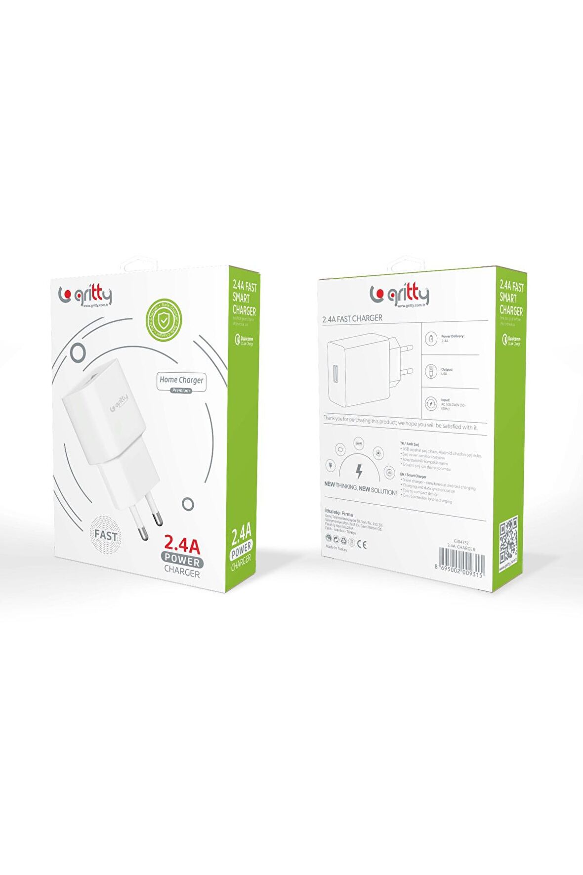 USB çıkışlı GRİTTY Marka, 2.4A Hızlı Şarj Cihazı Adaptörü