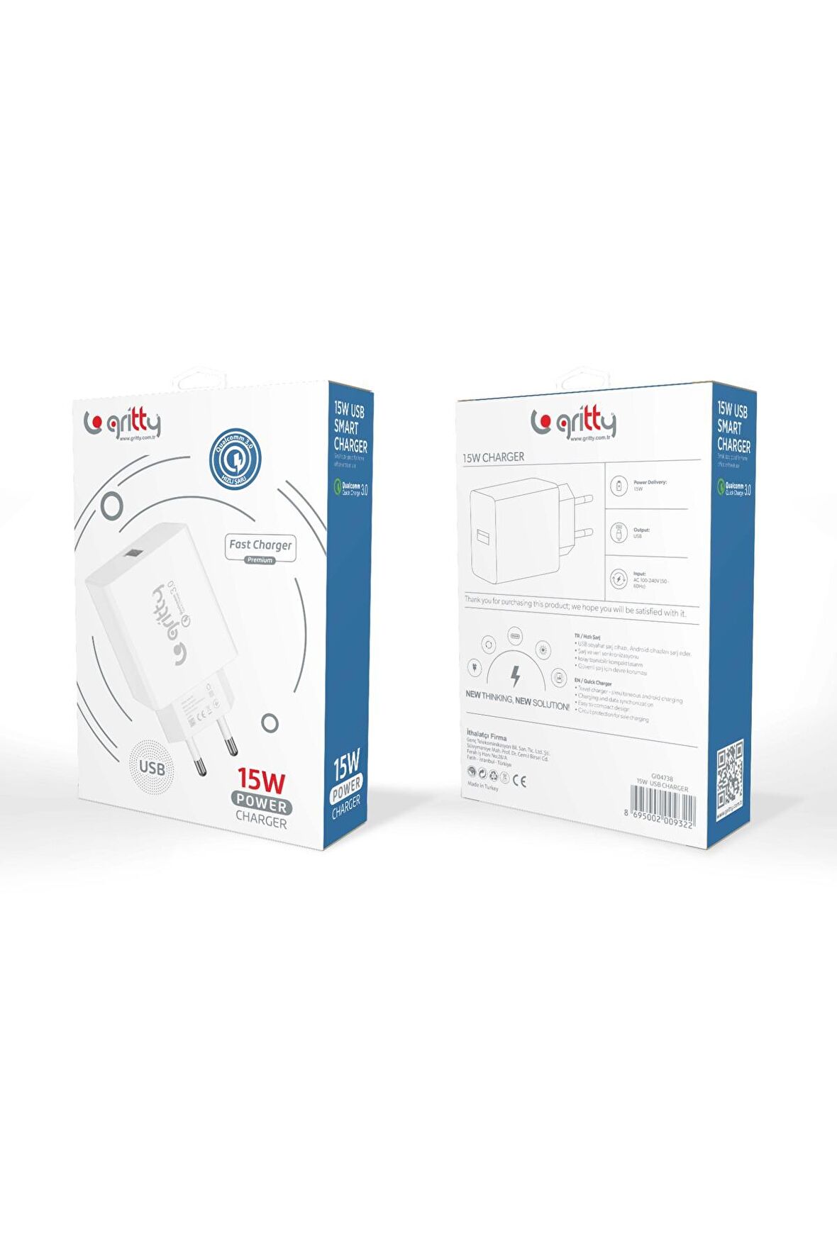 USB çıkışlı GRİTTY Marka, 15W Hızlı Şarj Cihazı Adaptörü
