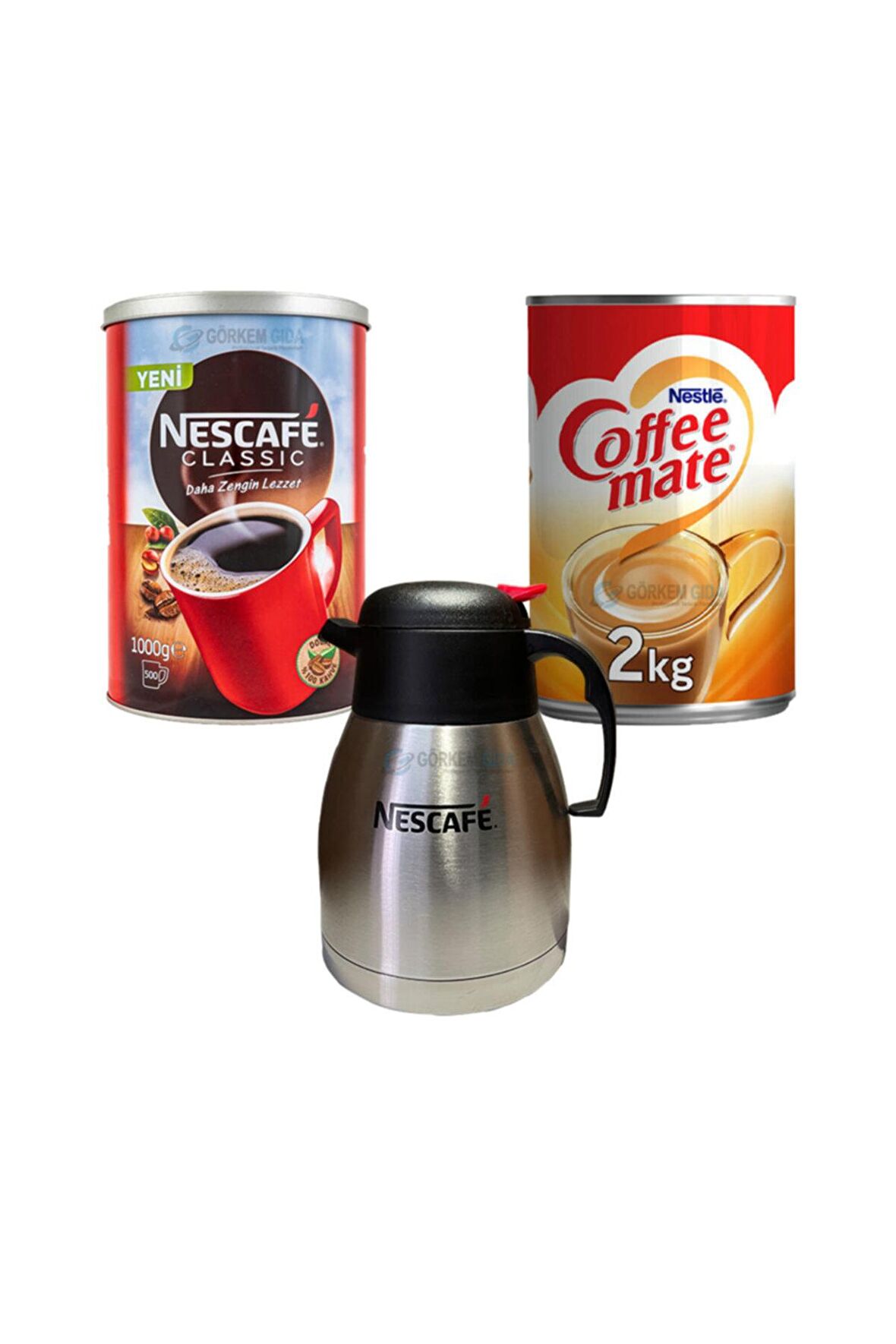 Nescafe Classic Klasik Sade 1 kg Teneke + Nestle Coffee Mate 2 kg + Termos
