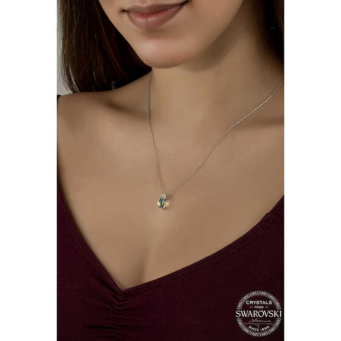 Swarovski Crystal Taşlı Drop Kesim Gümüş Kadın Kolye