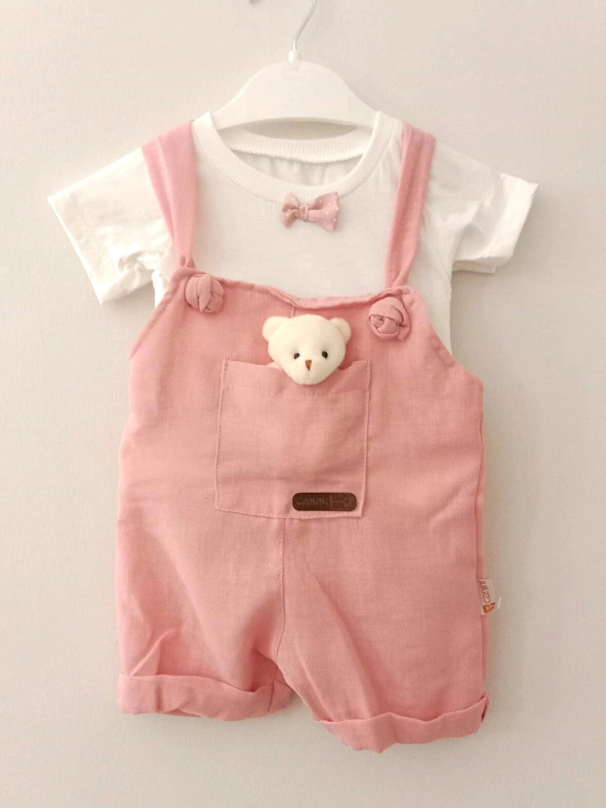 Canini Ayıcıklı kız-erkek keten salopet 2li takım baby&kıds 6-9-12 ay
