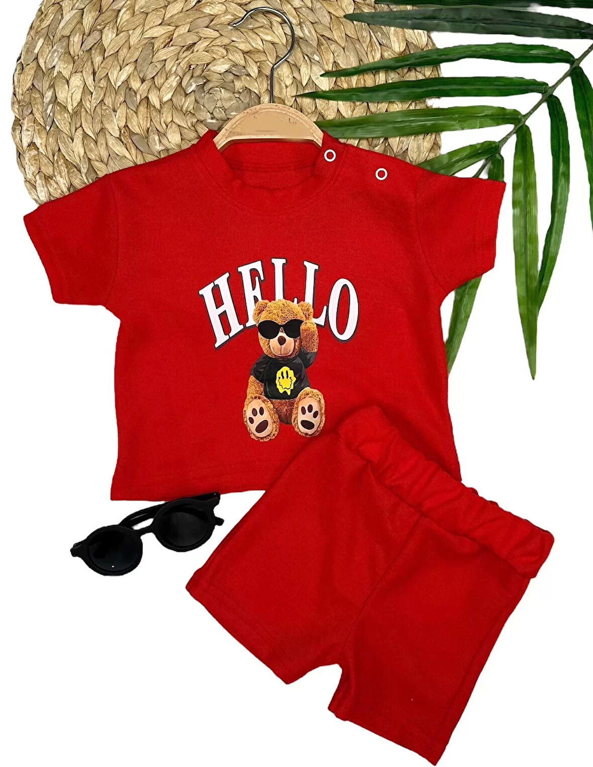 9-12-18-24 Ay Hello Gözlüklü Ayıcık Baskılı Şortlu Kısa Kollu Tişört 2li Erkek Bebek Takımı