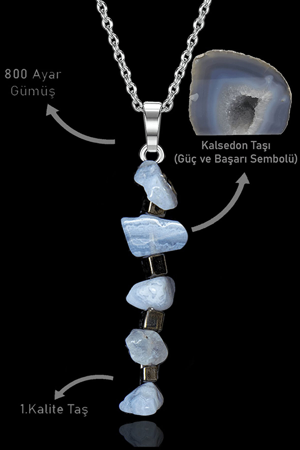 Sertifikalı Kırık Taşlı Model Kalsedon Taşı Kolye