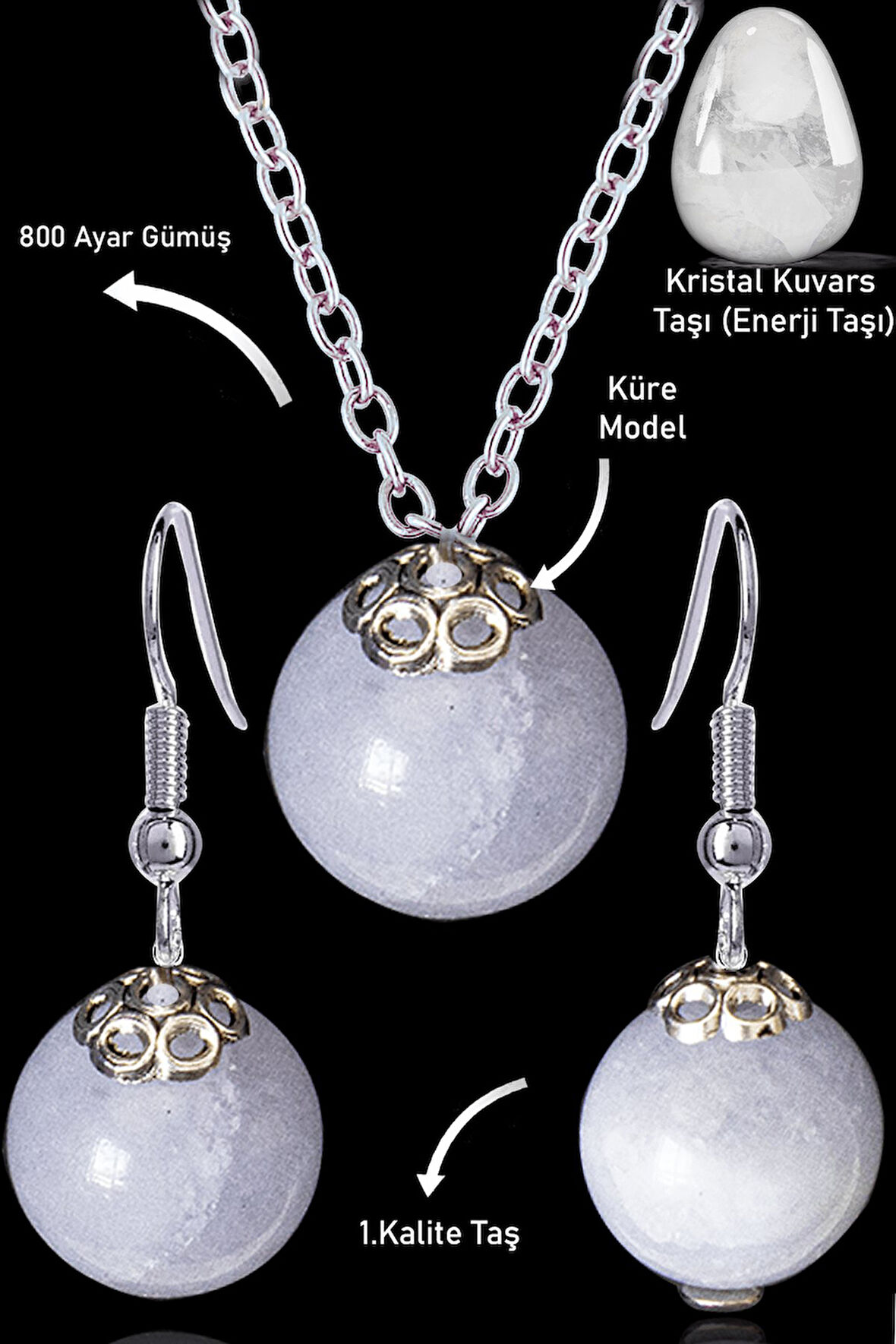 Sertifikalı Küre Model Kristal Kuvars Taşı Kolye ve Küpe Seti - Gümüş Aparatlı