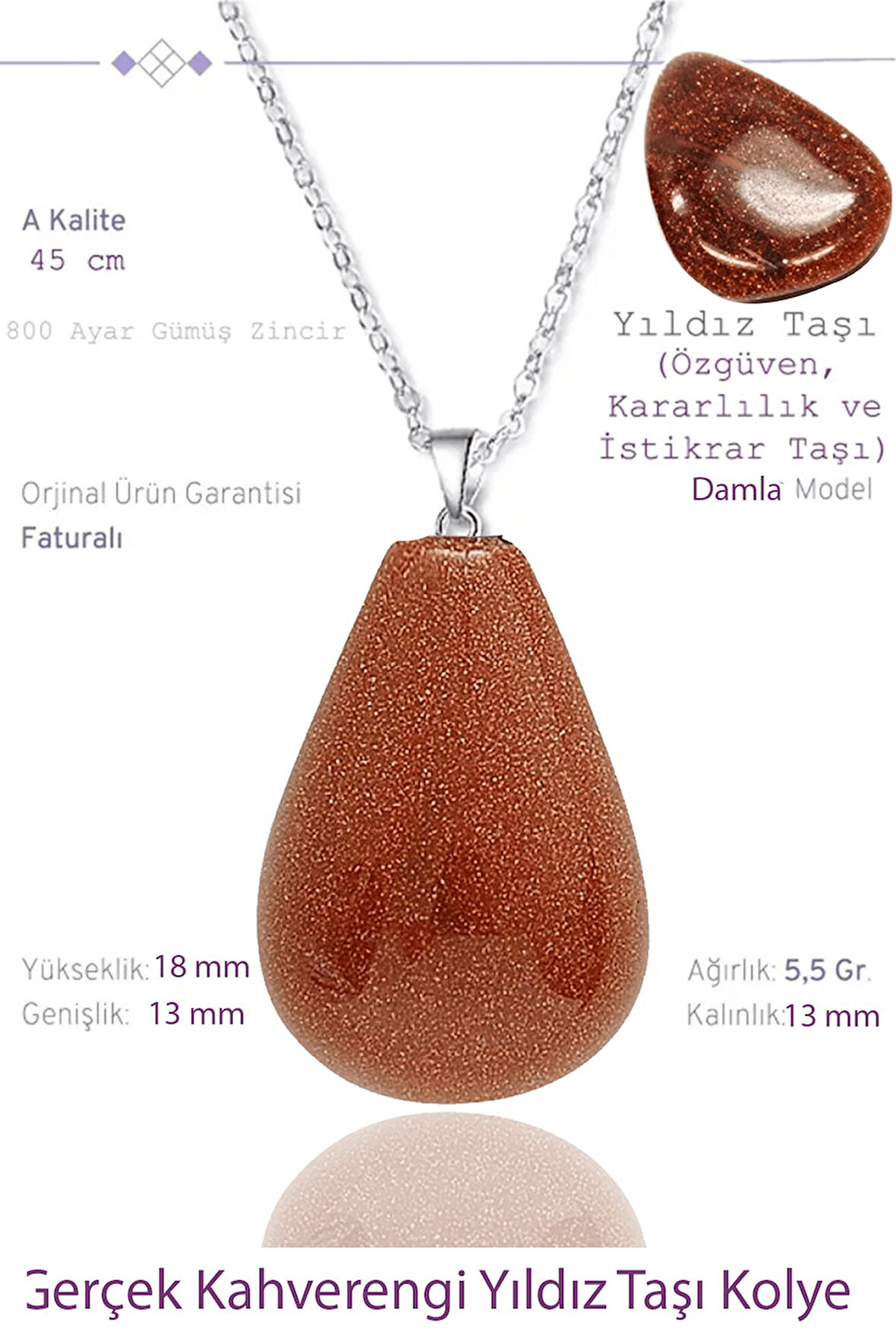 Sertifikalı Damla Model Gerçek Kahverengi Yıldız Taşı Kolye