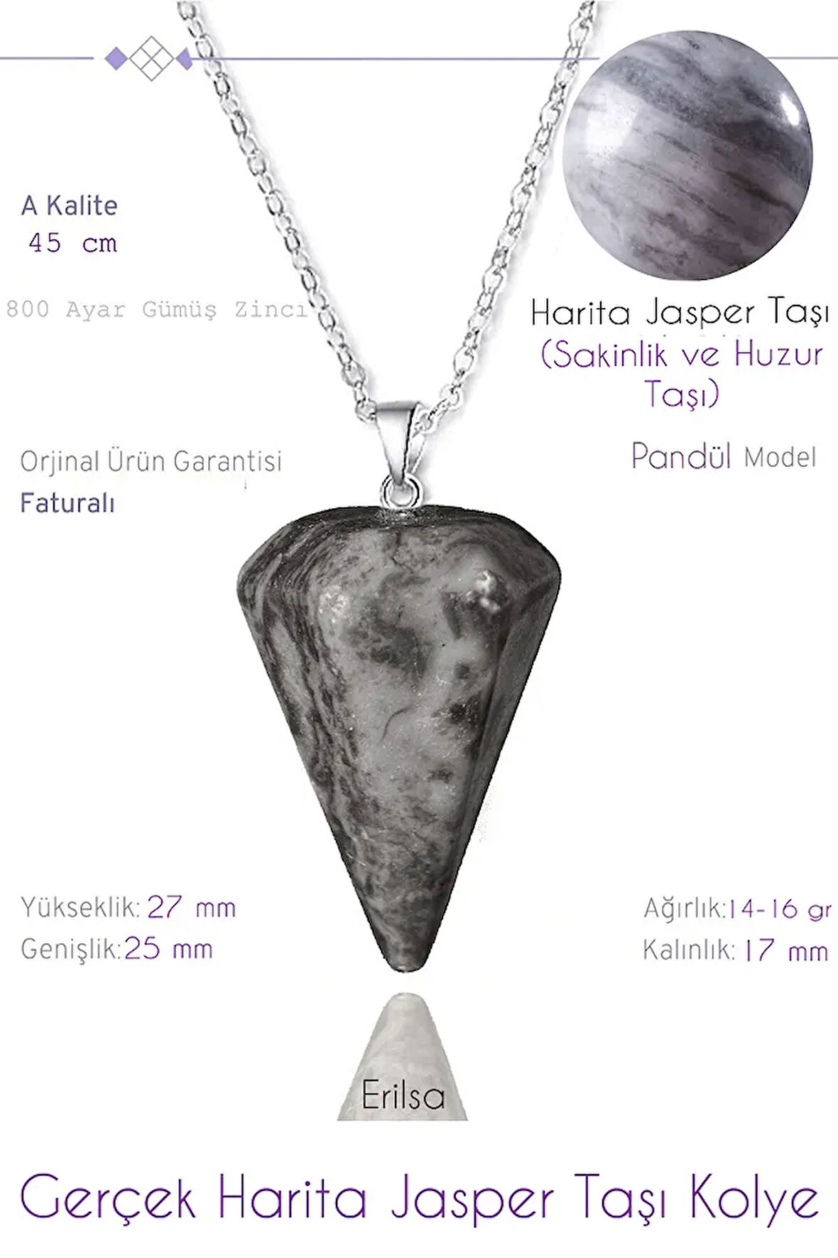 Sertifikalı Pandül Model Harita Jasper Taşı Kolye