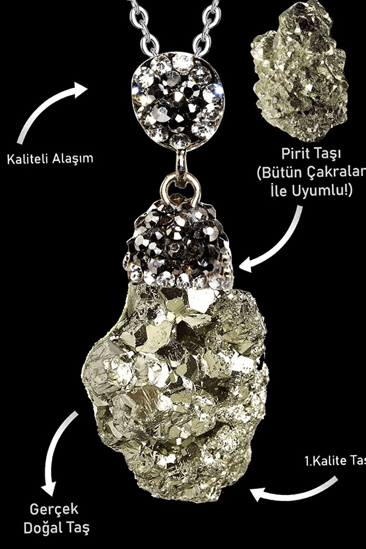 Sertifikalı Zirkon Taşlı Ham İşlenmemiş Pirit Taşı Kolye 