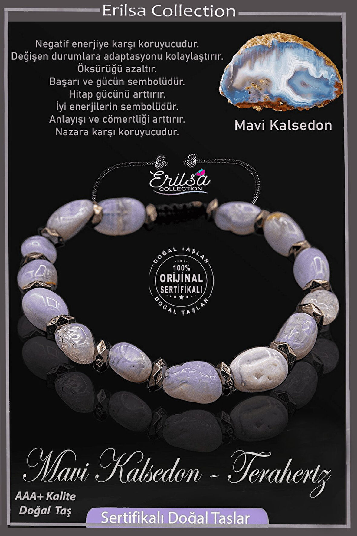 Sertifikalı Amorf Model AAA+ Terahertz - Mavi Kalsedon Taşı Bileklik