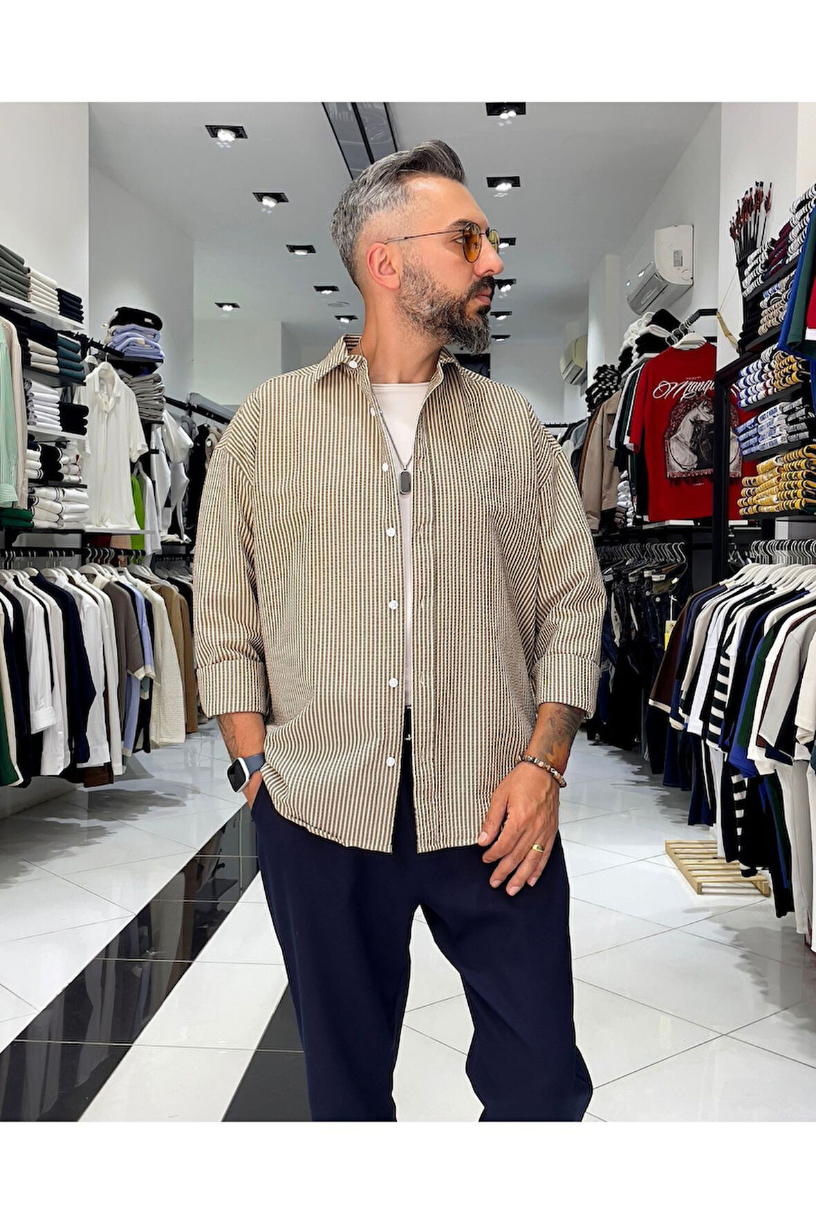 Gofre Kumaş Çizgili Oversize Erkek Gömlek