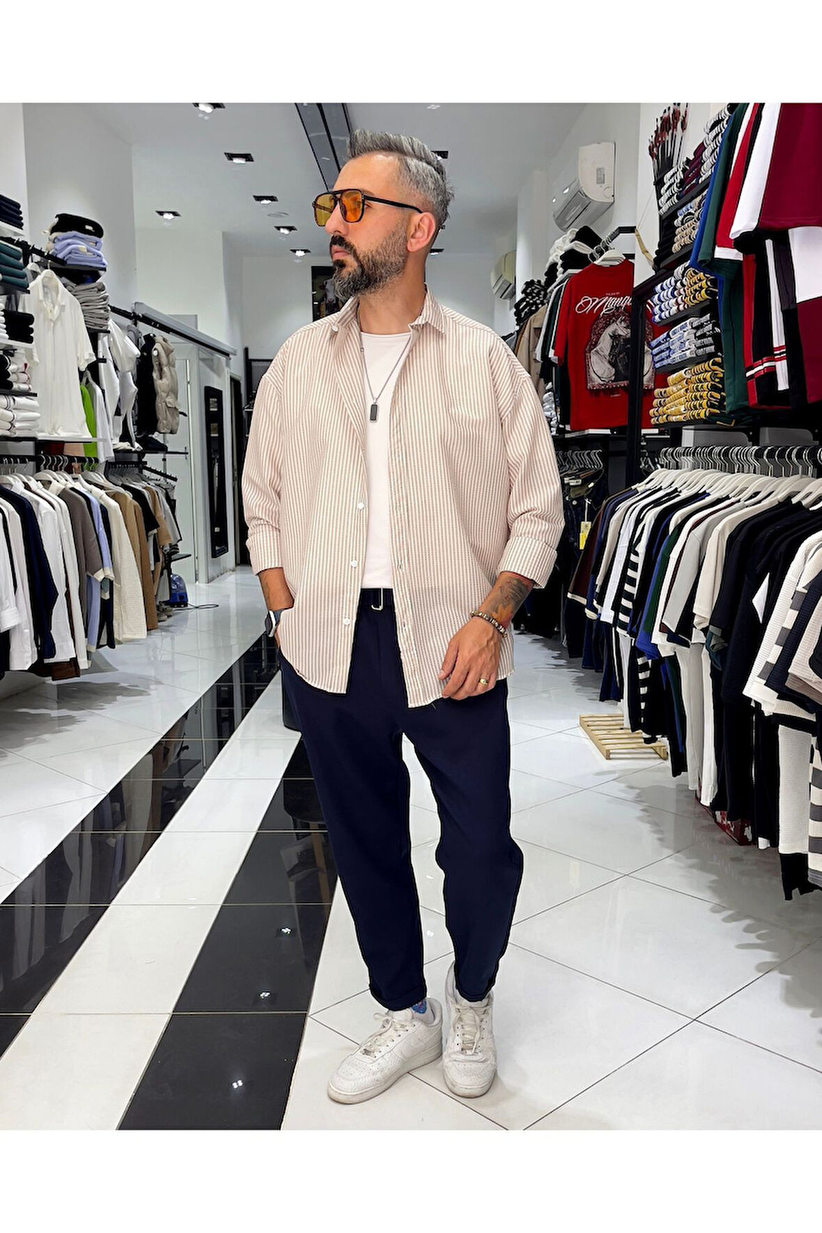 Gofre Kumaş Çizgili Oversize Erkek Gömlek