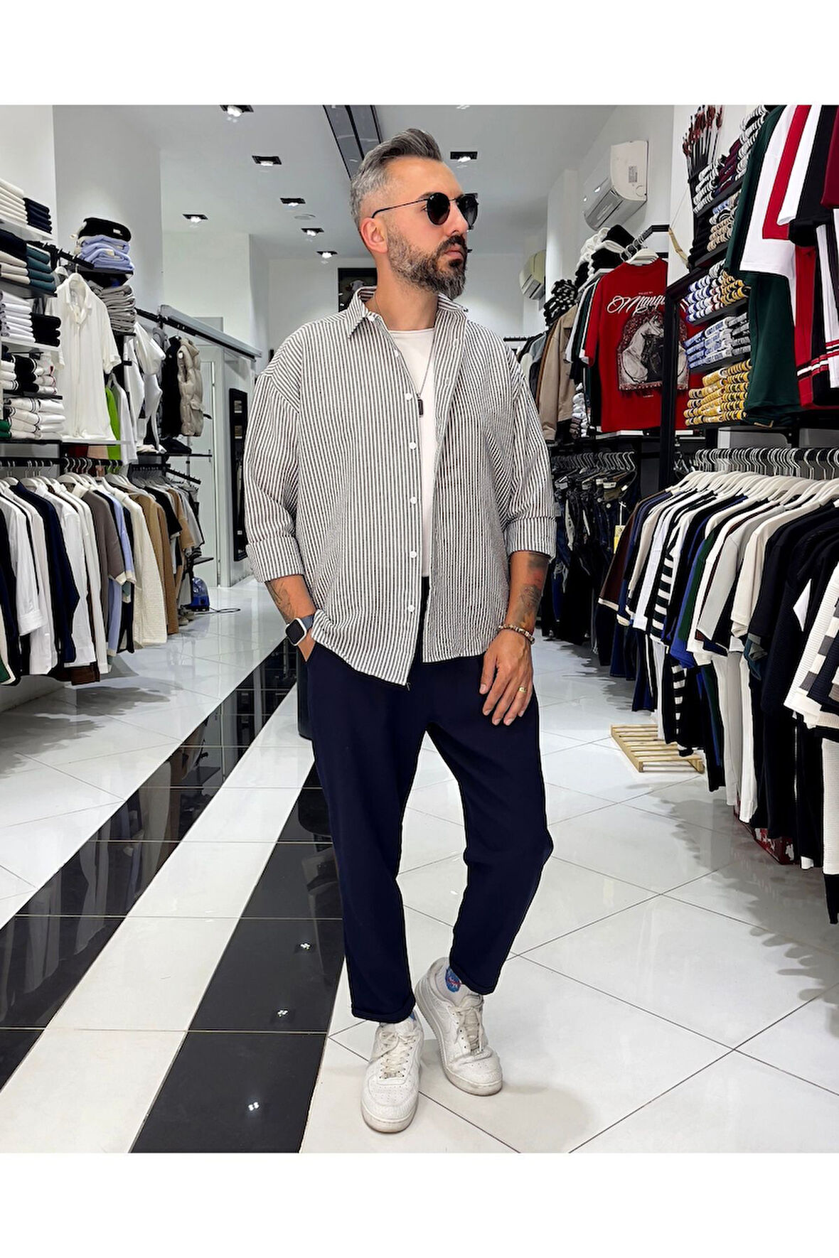 Gofre Kumaş Çizgili Oversize Erkek Gömlek