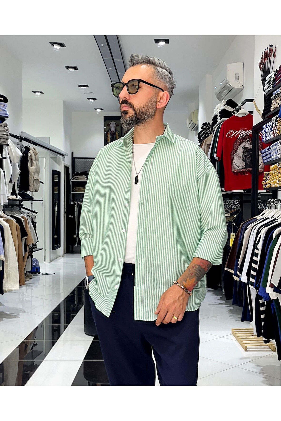 Gofre Kumaş Çizgili Oversize Erkek Gömlek