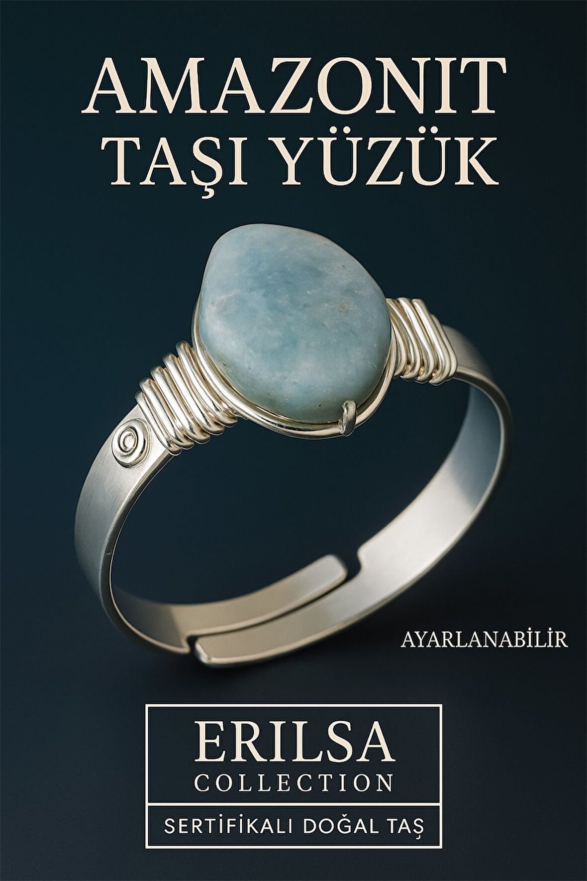 Sertifikalı Doğal Amazonit Taşı Yüzük – Kalın Tımbıl Kasa Gümüş Renk Ayarlanabilir