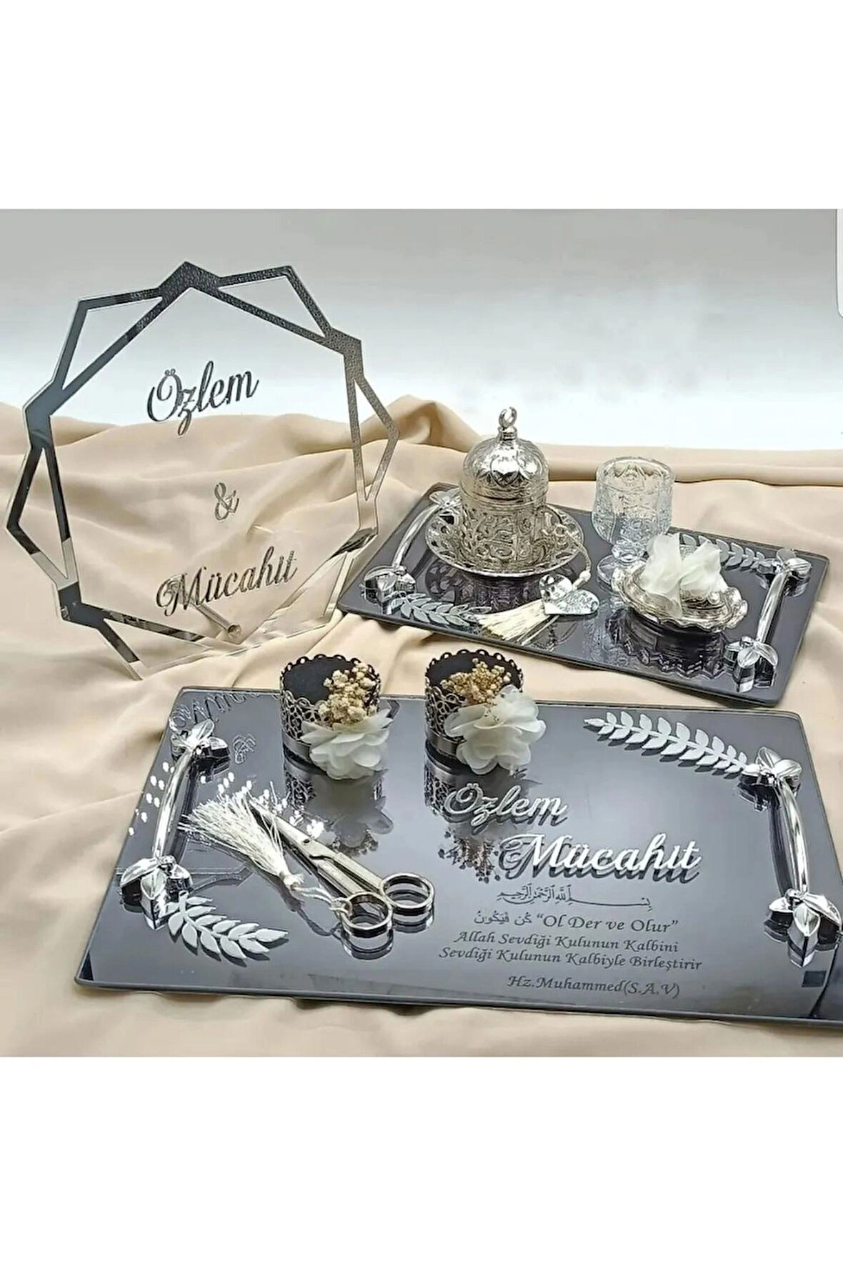 Gümüş Aynalı Pleksi Isimlik Söz Tepsisi Ve Damat Kahve Tepsi Seti