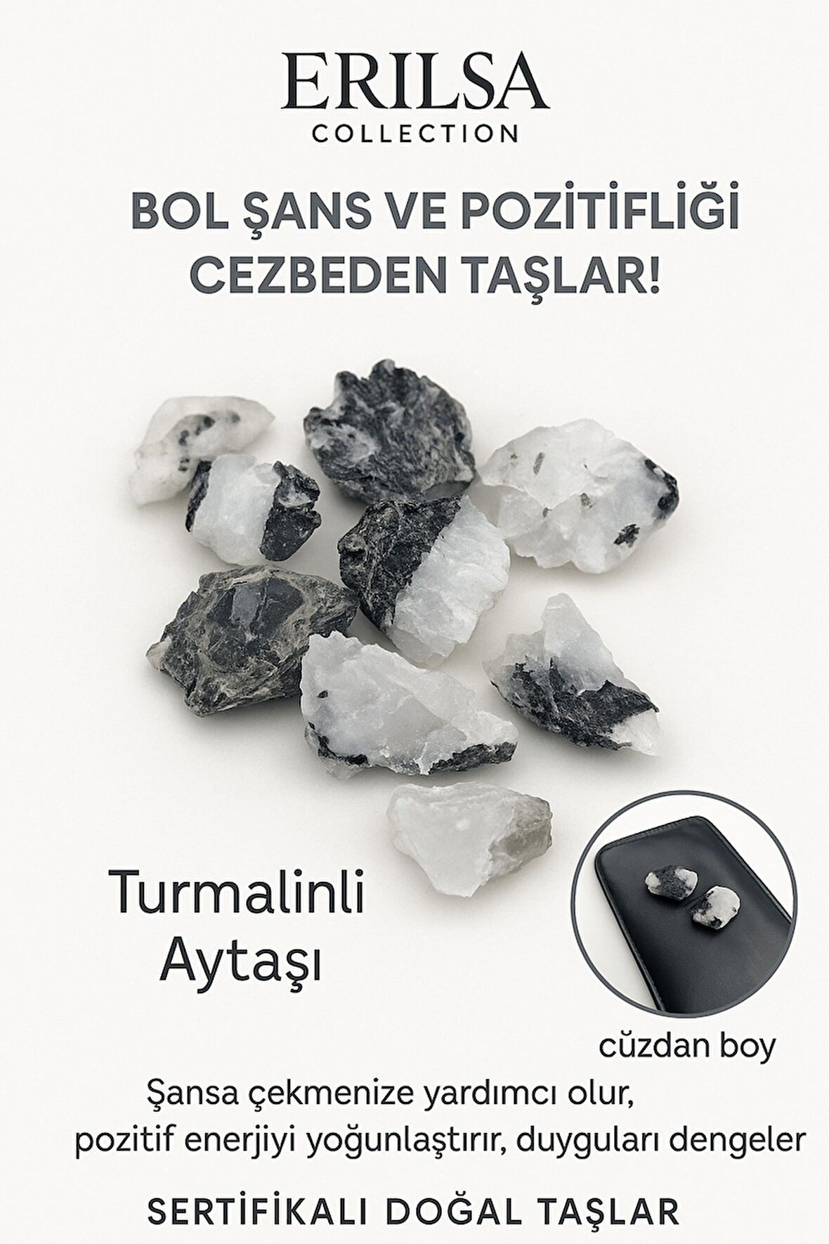 Sertifikalı Ham Cüzdan Boy Turmalinli Ay Taşı Kütle - El Taşı - Günlük Koruma Duygusal Denge Taşı