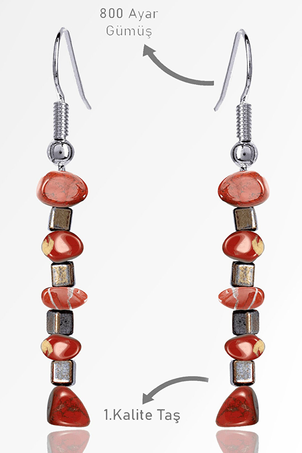 Sertifikalı Ham Kırık Taşlı Model Kırmızı Jasper Taşı Küpe