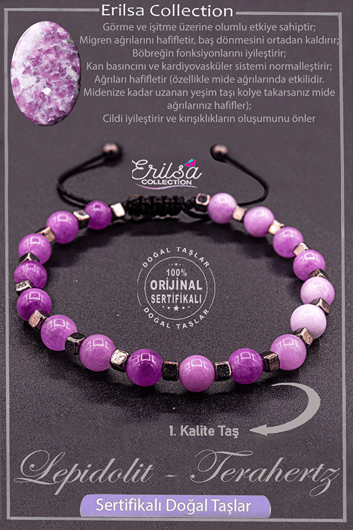 Sertifikalı AAA+ Kalite Gerçek Terahertz - Lepidolit Taşı Bileklik - Peygamber Taşı
