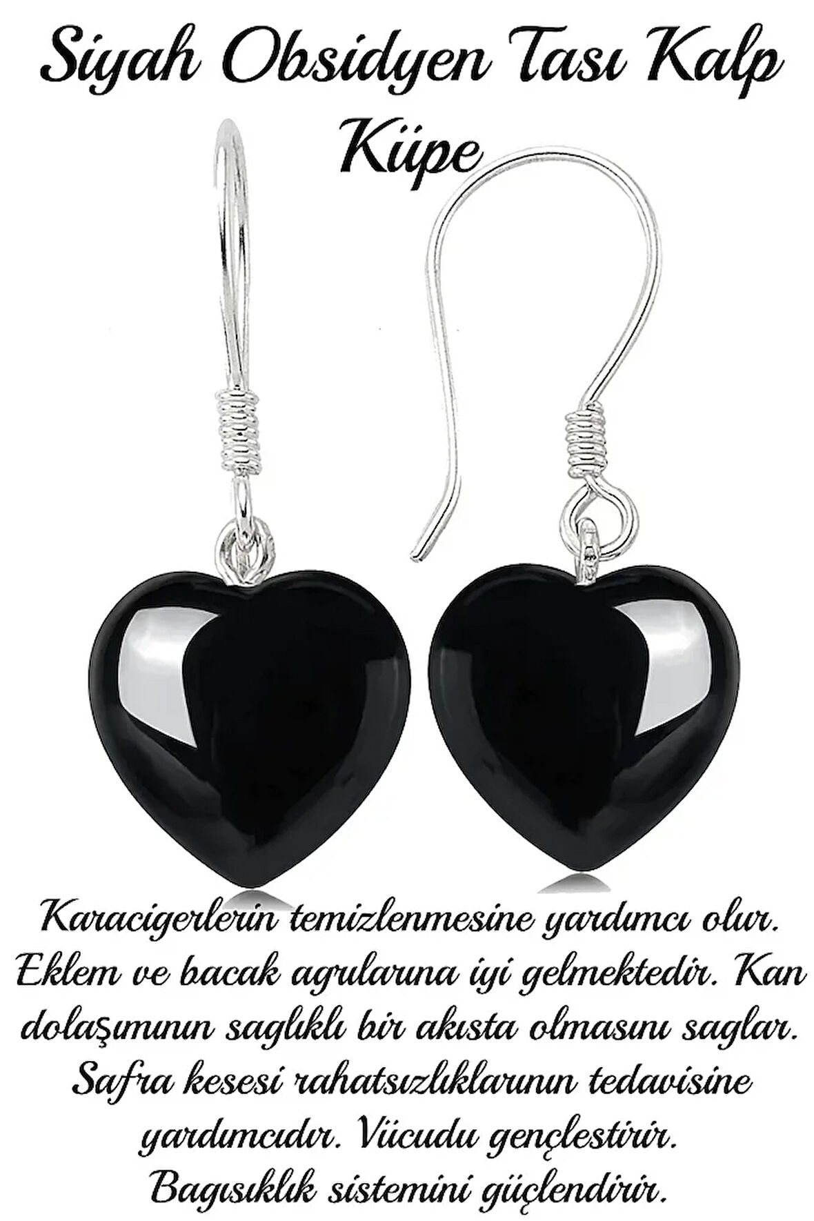 Sertifikalı Kalp Kesim Siyah Obsidyen Taşı Doğal Taş Küpe