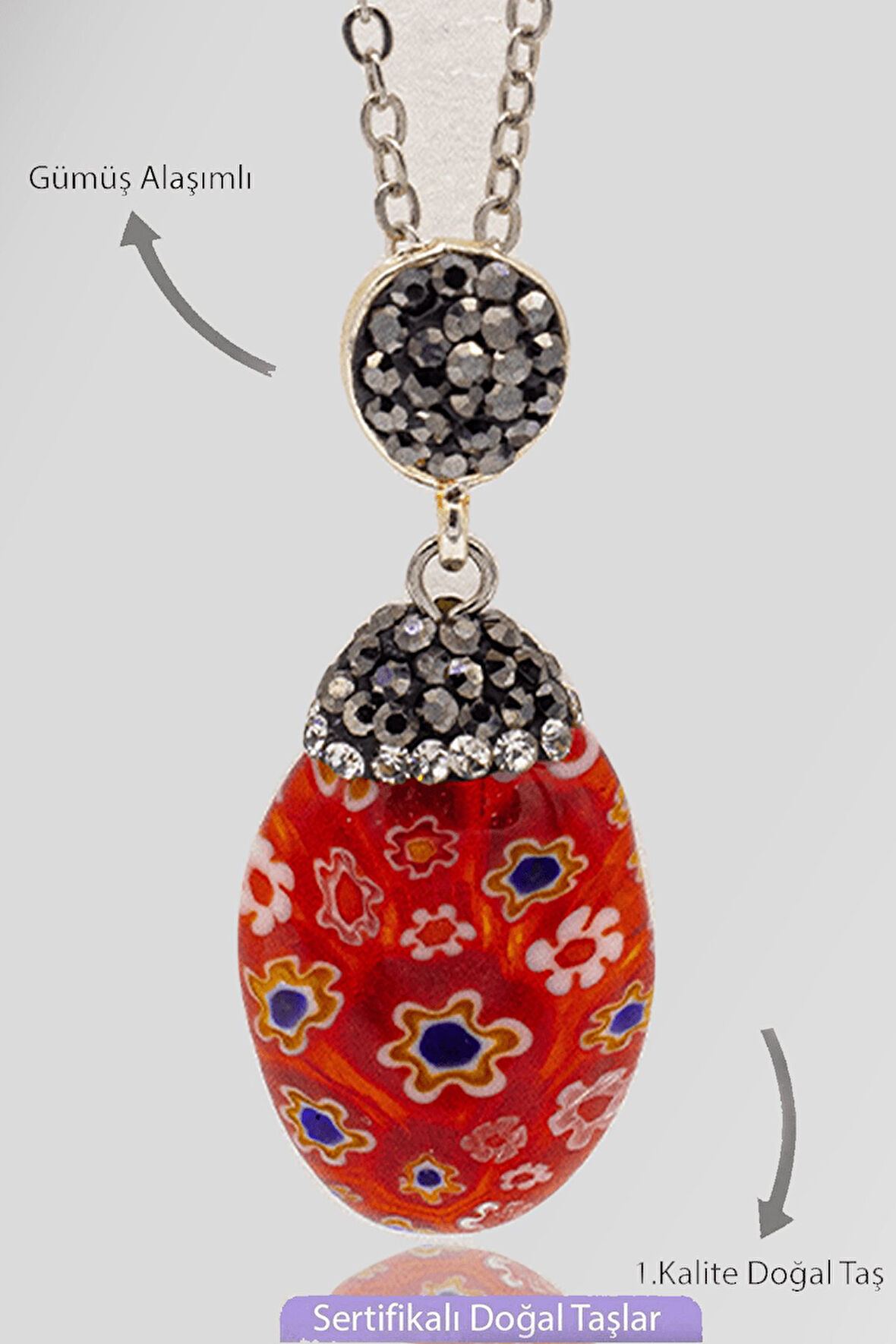 Sertifikalı Zirkon Taşlı Model Kırmızı Murano Kuvars Taşı Kolye