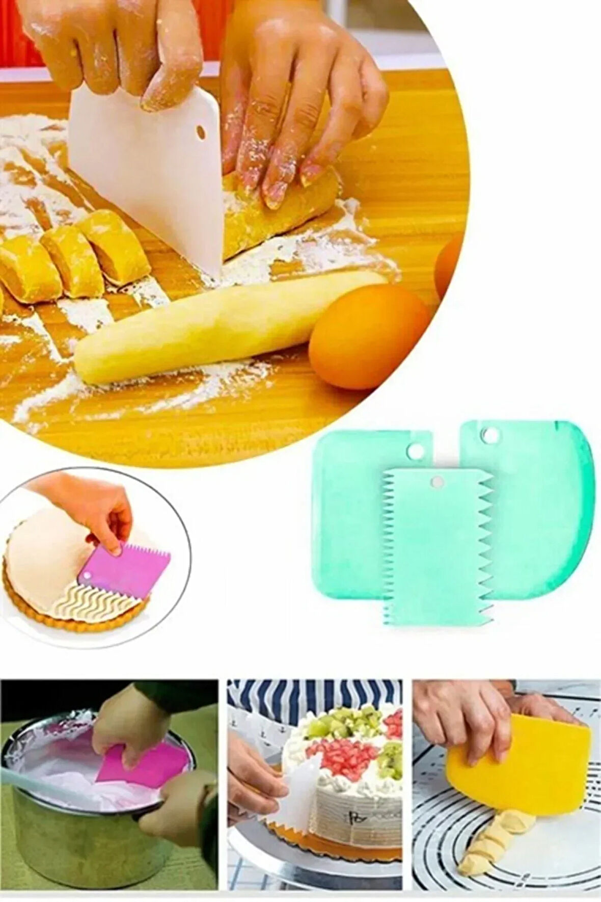 Plastik Hamur Pasta Kesici Kazıyıcı Şekillendirici Yoğurucu Aparat 3’lü
