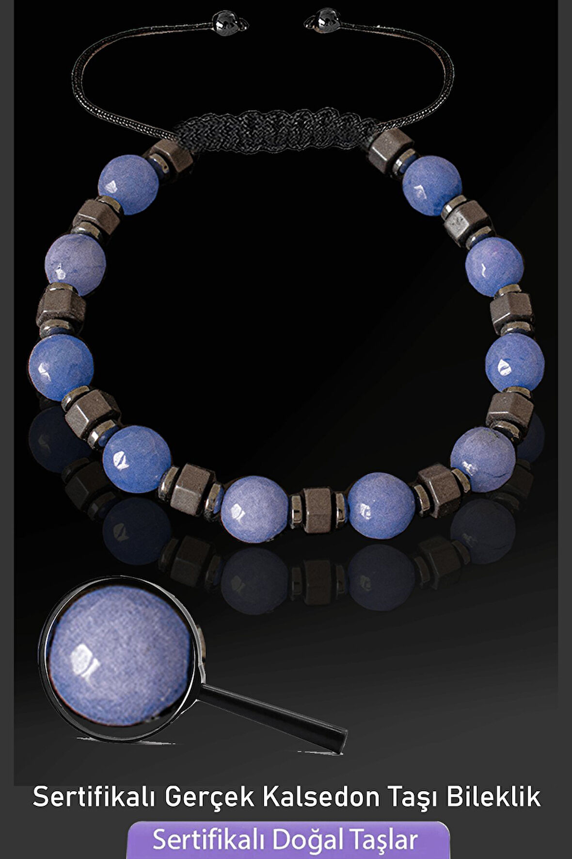 Sertifikalı Mat Hematitli Gerçek Mavi Kalsedon Taşı Bileklik - Ayarlamalı