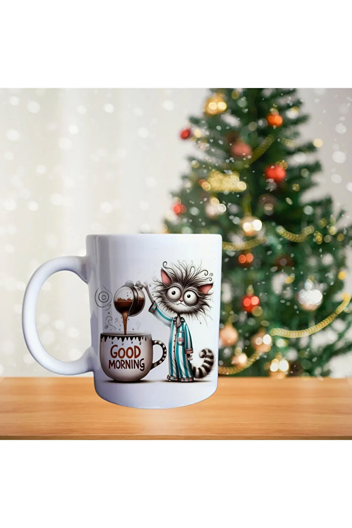 Komik Pijamalı Kedi Porselen Kupa