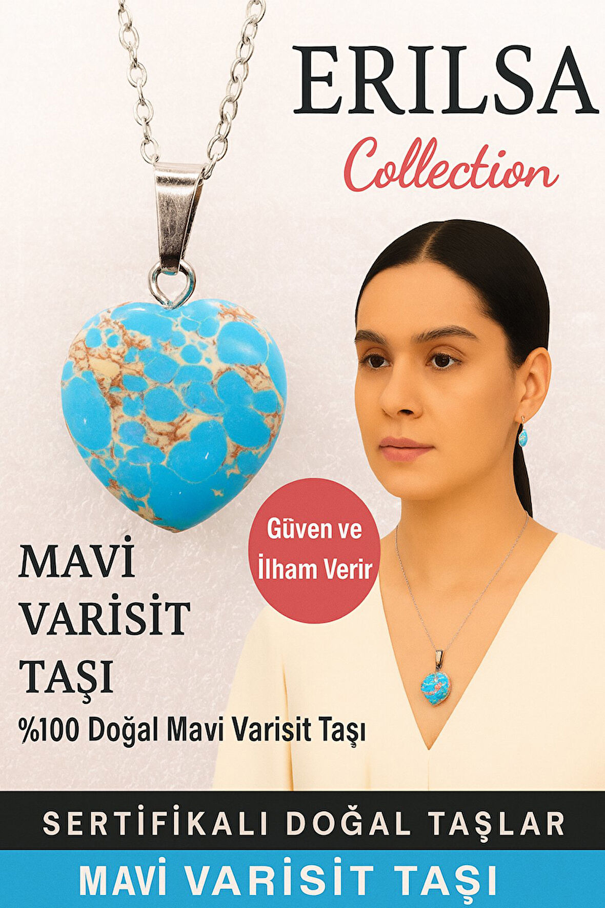 Sertifikalı Kalp Model Mavi Varisit Doğal Taş Kolye – Güven İlham ve Ruhsal Denge Taşı