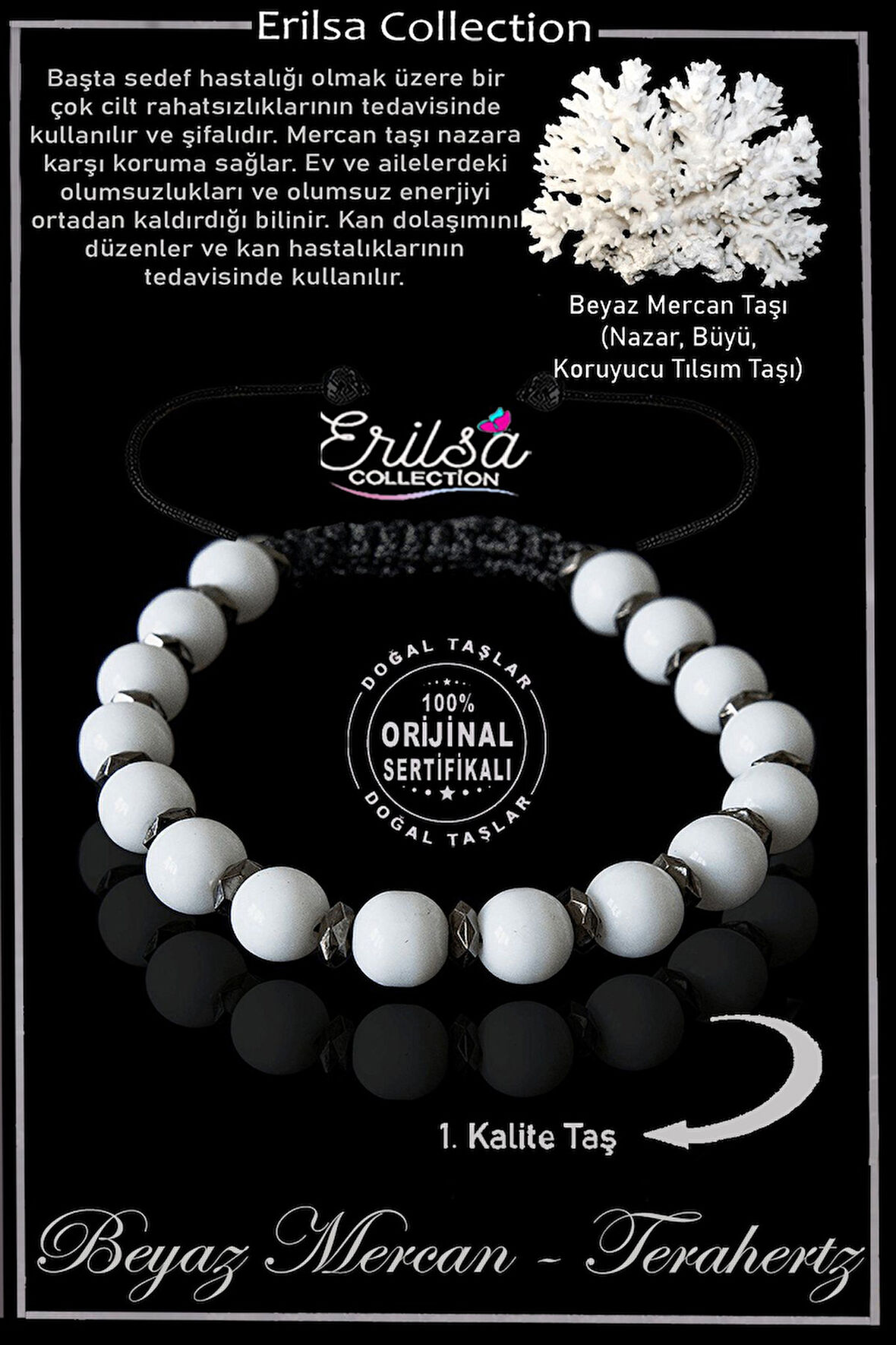 Sertifikalı Gerçek Fasetli Hematit - Beyaz Mercan Taşı Bileklik - Ayarlamalı