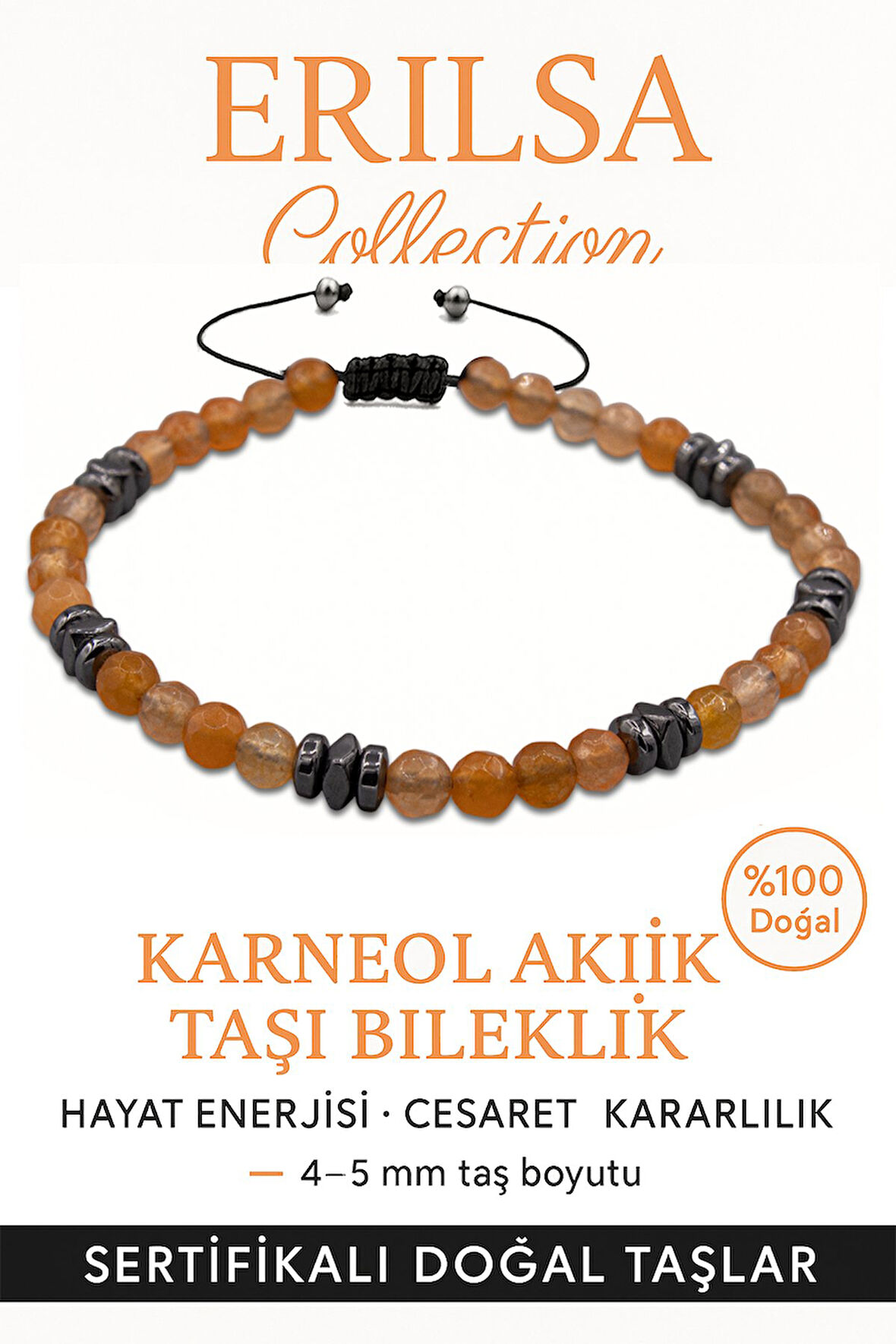 Sertifikalı Terahertz – Karneol (Karnelyan Akik) Taşı Bileklik (İnce Model) – Cesaret, Canlılık ve Yaratıcı Güç Taşı