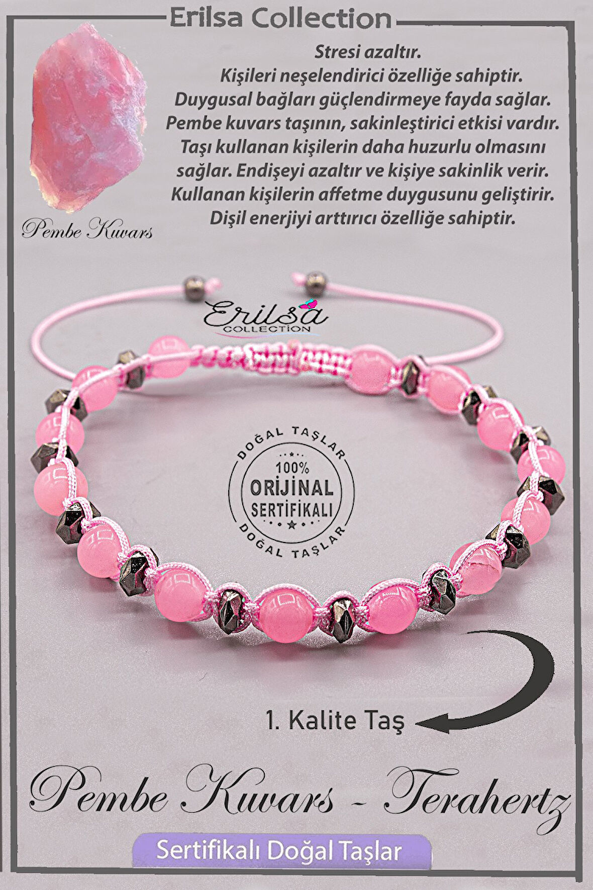 Sertifikalı AAA+ Kalite Gerçek Terahertz - Pembe Kuvars Taşı Bileklik