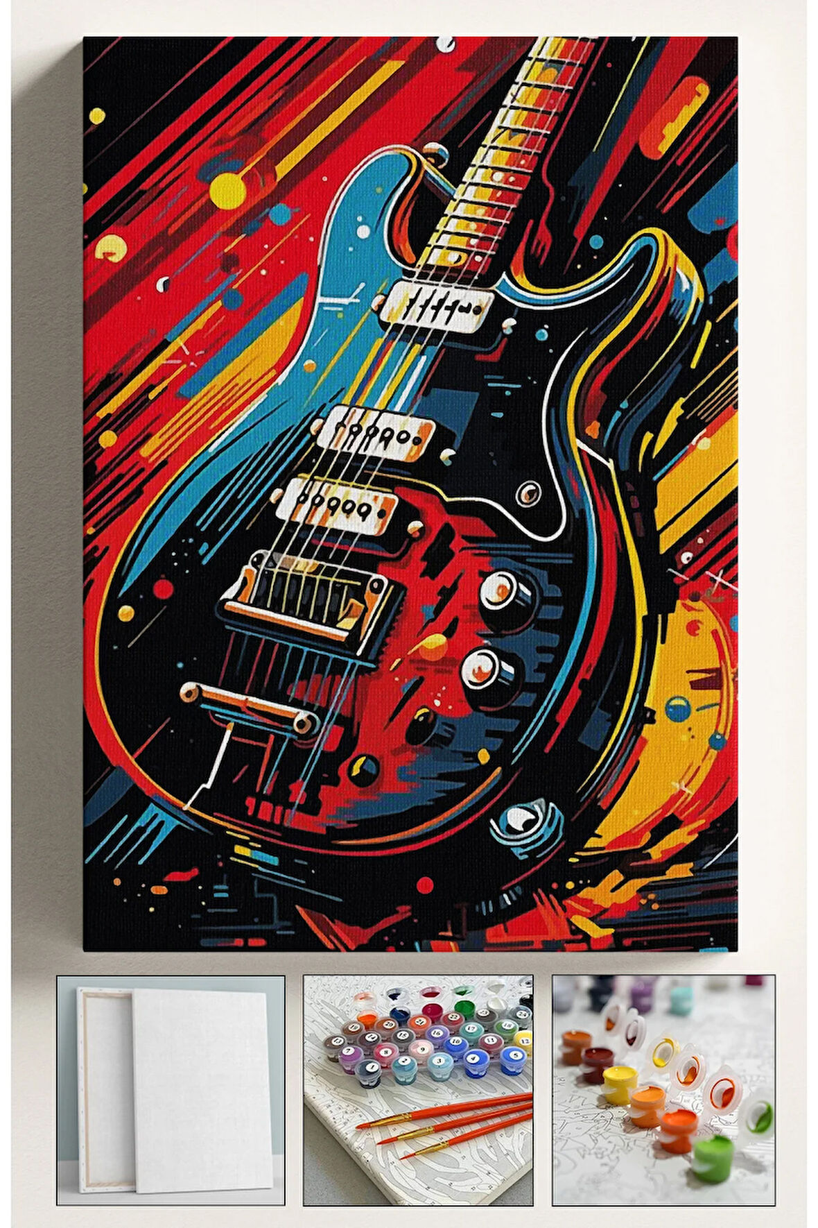 Sayılarla Boyama Hobi Seti Çerçeveli Numaralı Tuval Fırça Boya Dahil Kasnaklı GİTAR 40x50 Cm