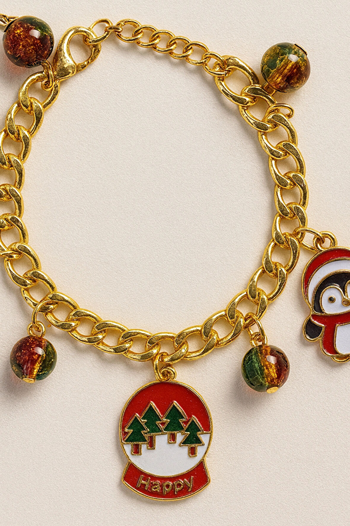 Altın Kaplama Çelik Zincir Yılbaşı Temalı Santa Penguen Happy Charm Bileklik