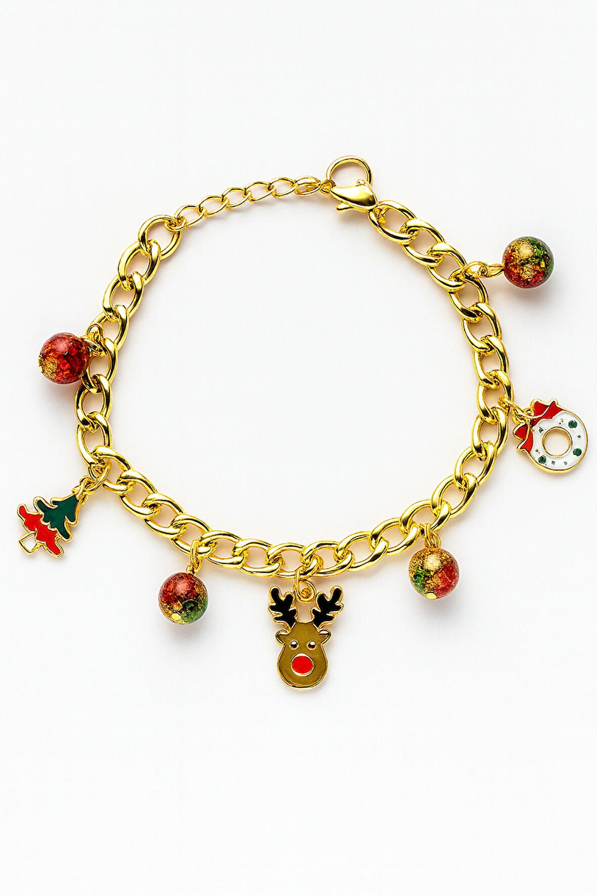 Altın Kaplama Yılbaşı Temalı Çelik Charm Bileklik Renkli Boncuklu