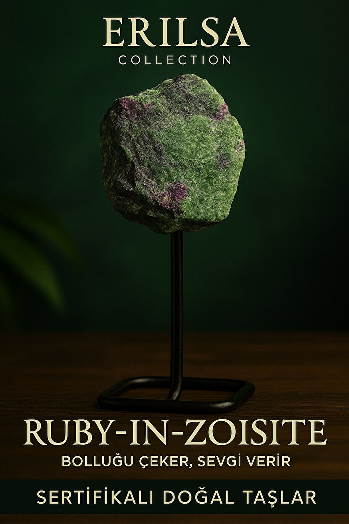 Sertifikalı Doğal Ham Ruby Yakutlu Zoisit Taşı Standlı Obje – Tutku, Dönüşüm ve Güç Taşı
