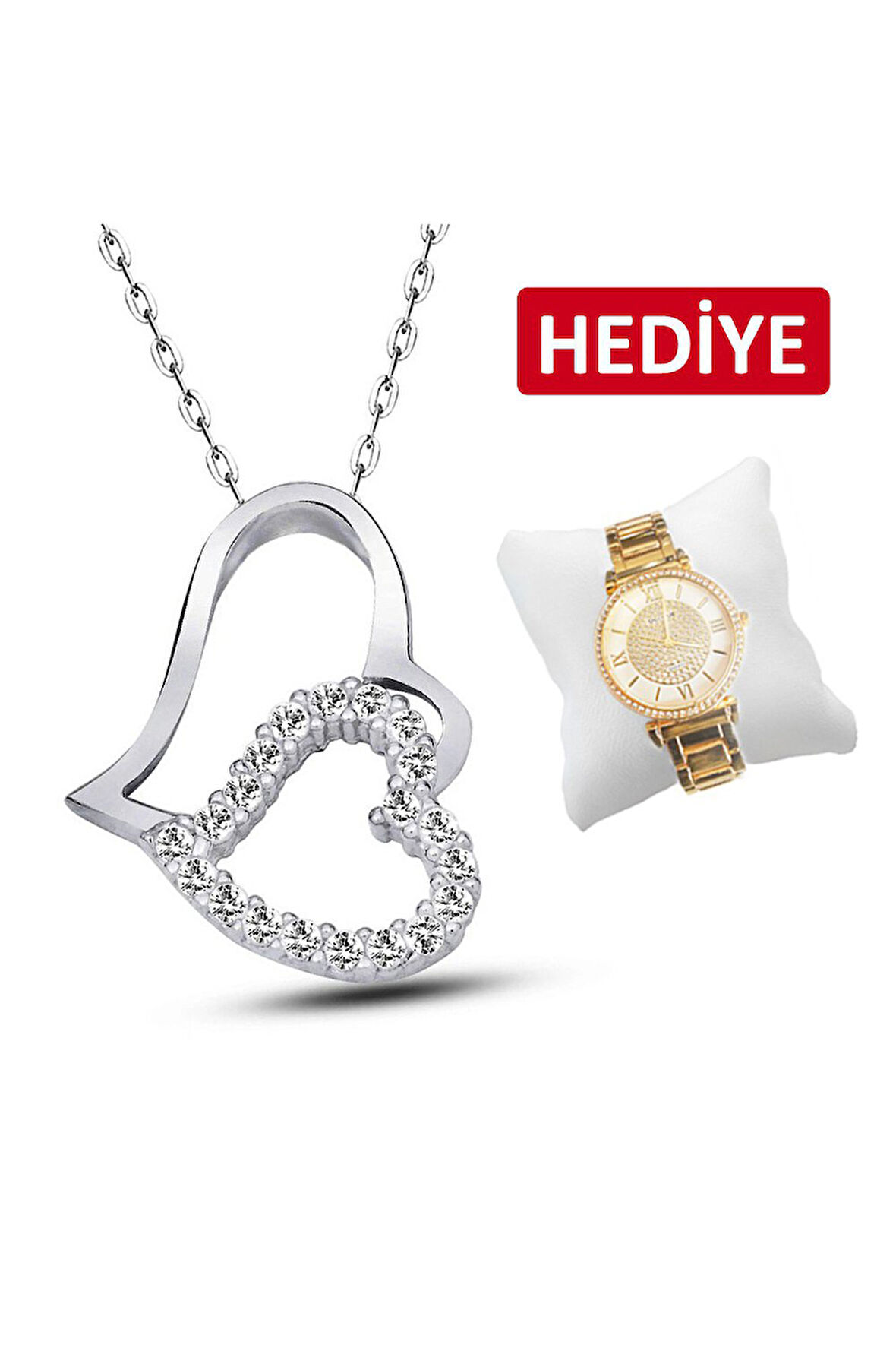 925 Ayar Altın Kaplamalı Gümüş Çift Kalp Kolye (GK00173)