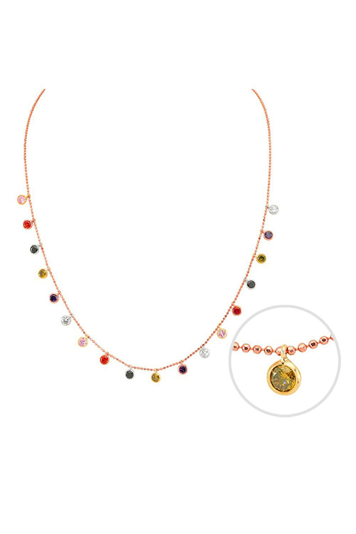 925 Ayar Renkli Taşlı Tifani Roz Gümüş Kolye (GK00507)