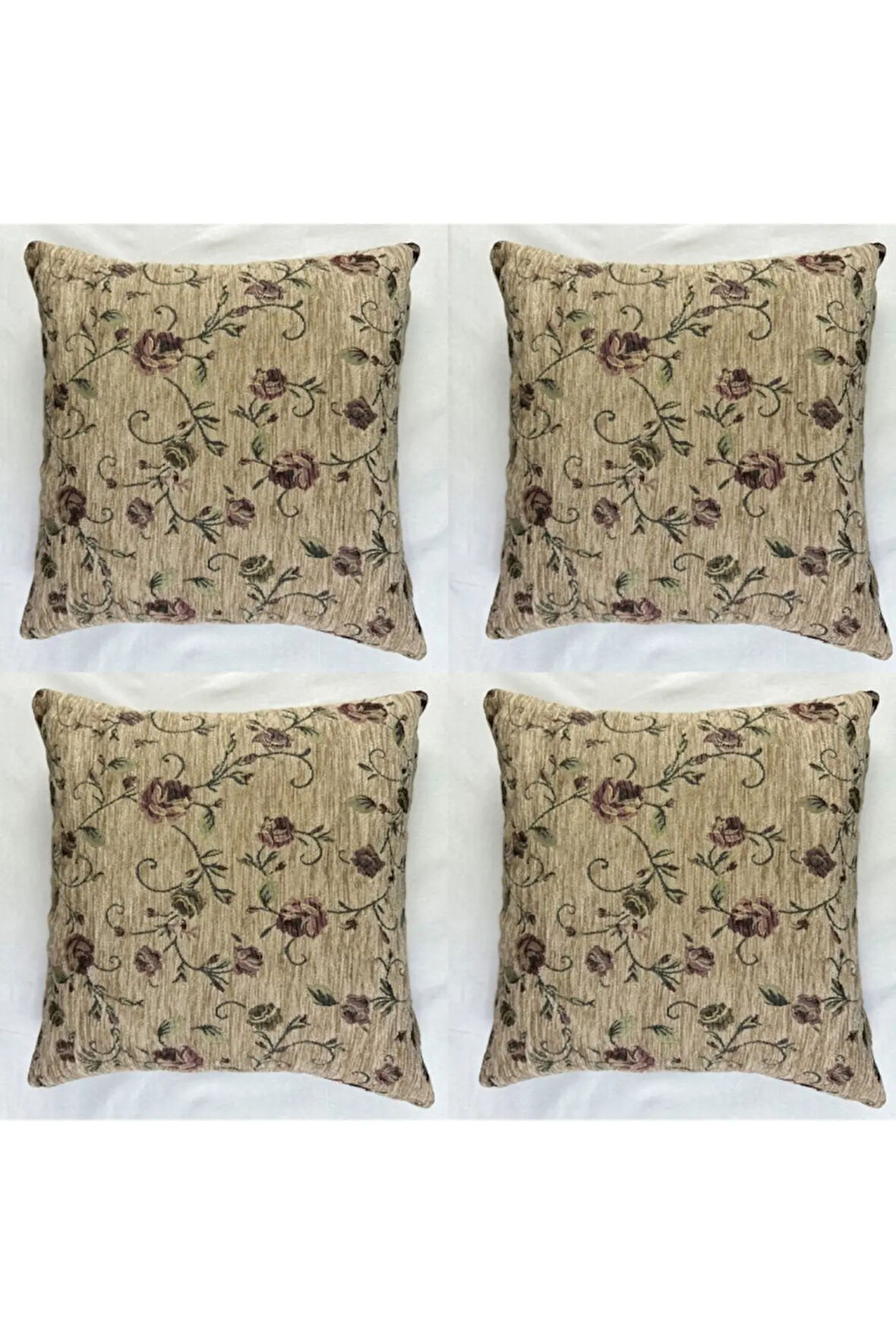 Çiçek Desenli Yastık Kılıfı Çift Taraflı Goblen Kumaş Kapalı Fermuarlı Kırlent 4'lü 40x40