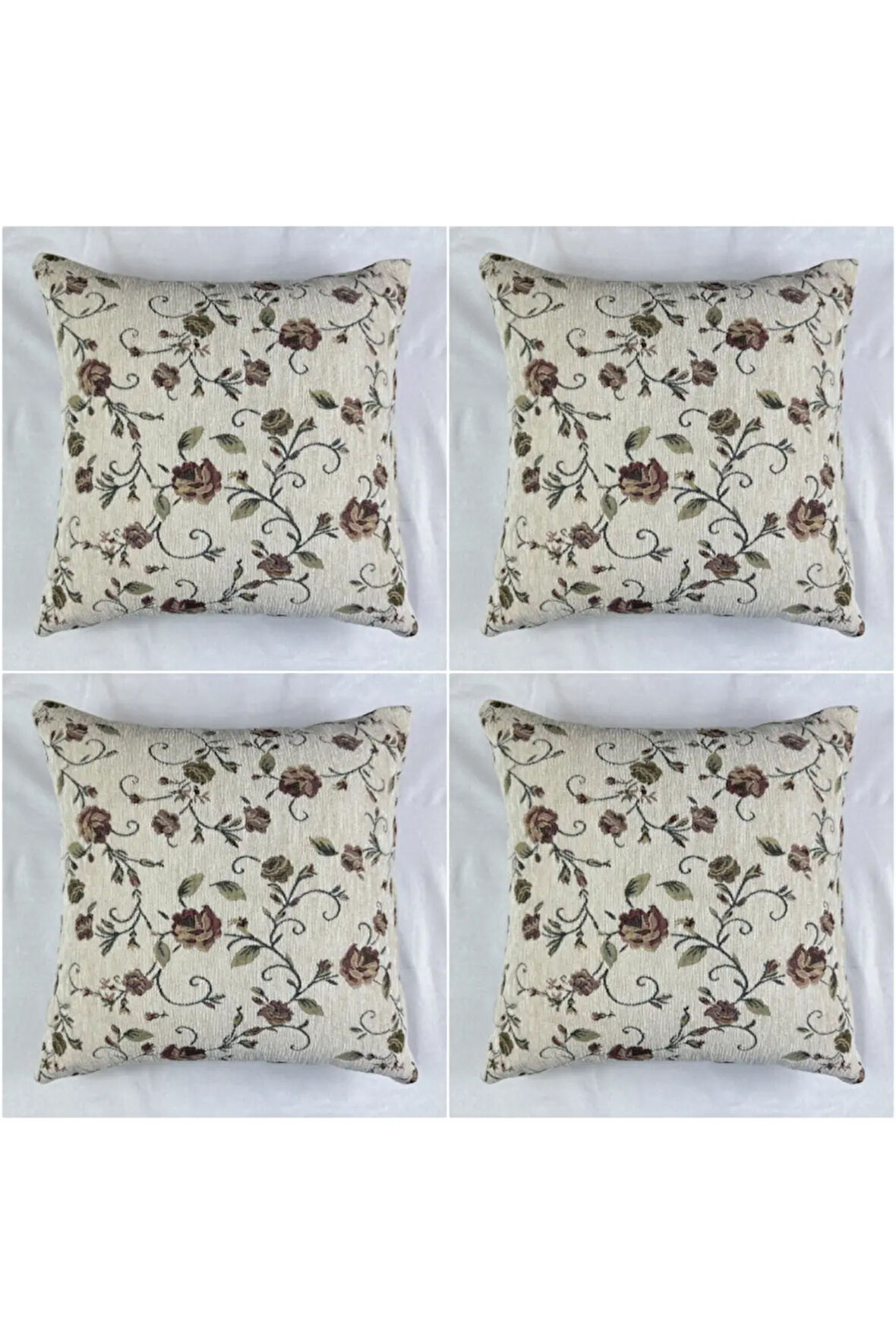 Çiçek Desenli Yastık Kılıfı Çift Taraflı Goblen Kumaş Kapalı Fermuarlı Kırlent 4'lü 40x40