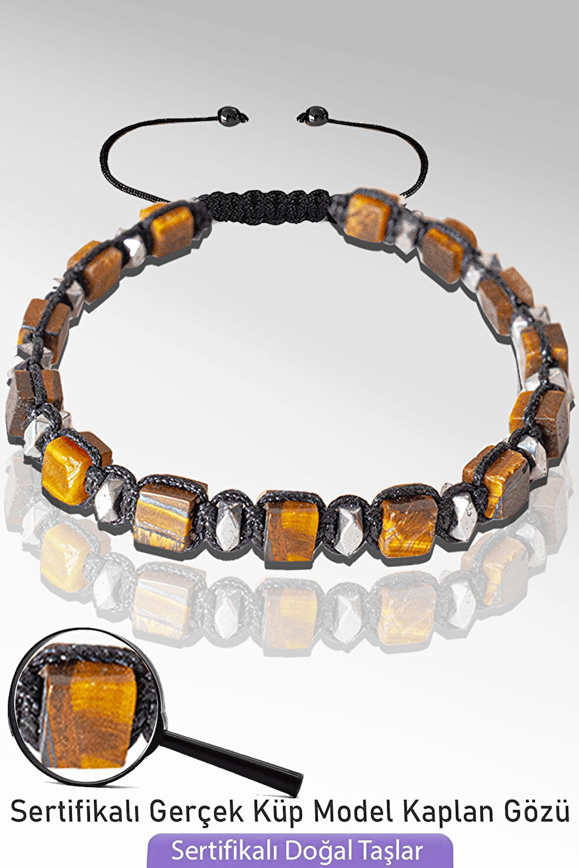 Sertifikalı Küp Model Gerçek Kaplan Gözü Taşı Bileklik - Ayarlamalı