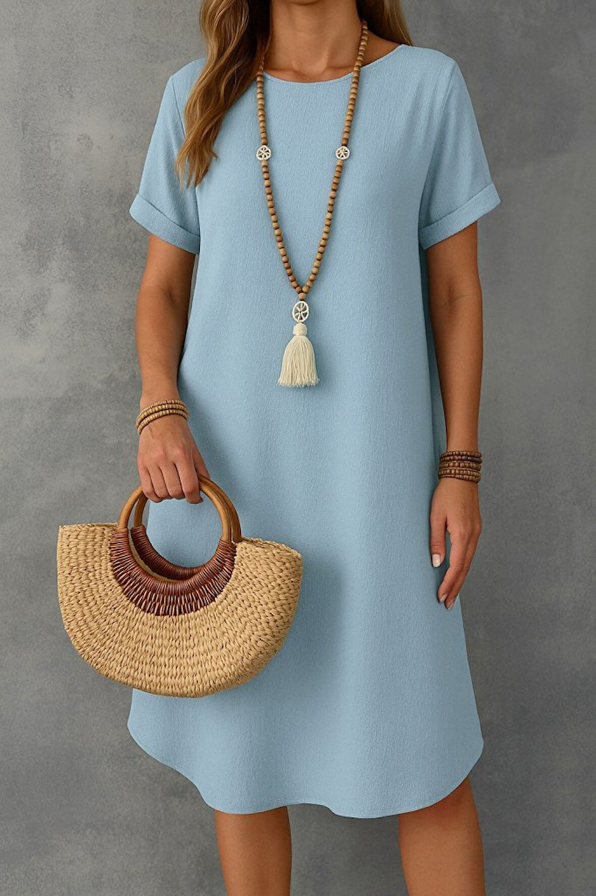 Gökyüzü Moda Kadın Kısa Kollu Kayık Yaka Bürümcük Elbise