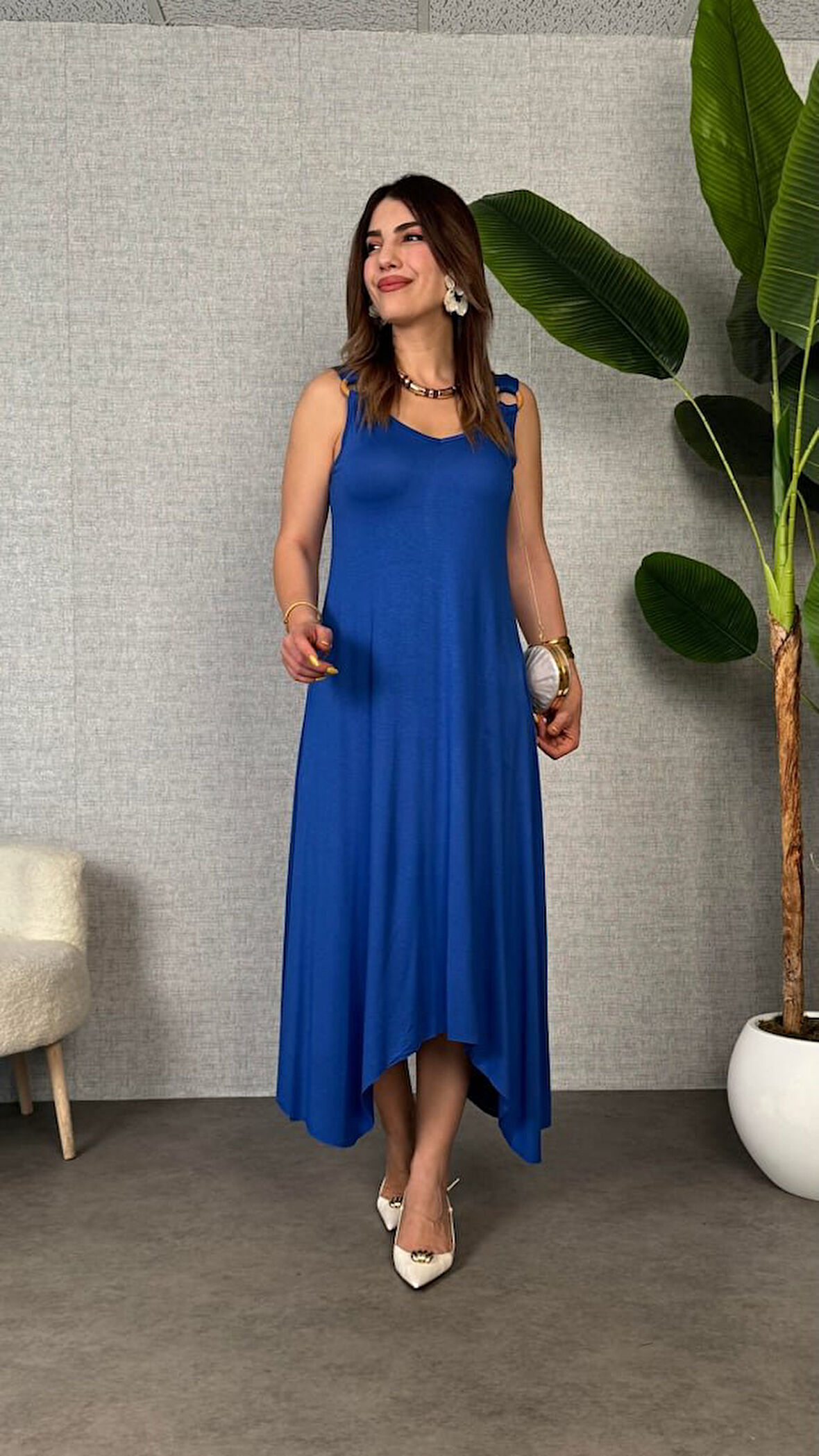 Gökyüzü Moda Kadın çan Dokuma Kumaş V Yaka Asimetrik Kesim Elbise