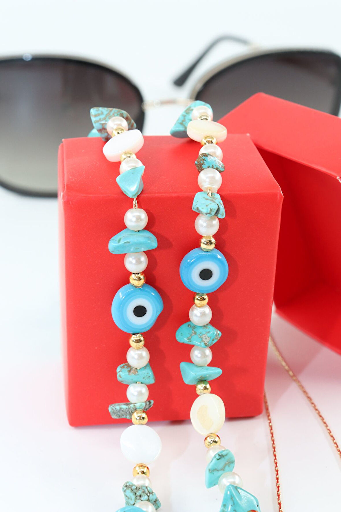 Boncuklu gözlük ipi. Gözlük Zinciri. Tasarım incili doğal taşlı. Gözlük ipi. Gözlük ipi askısı.